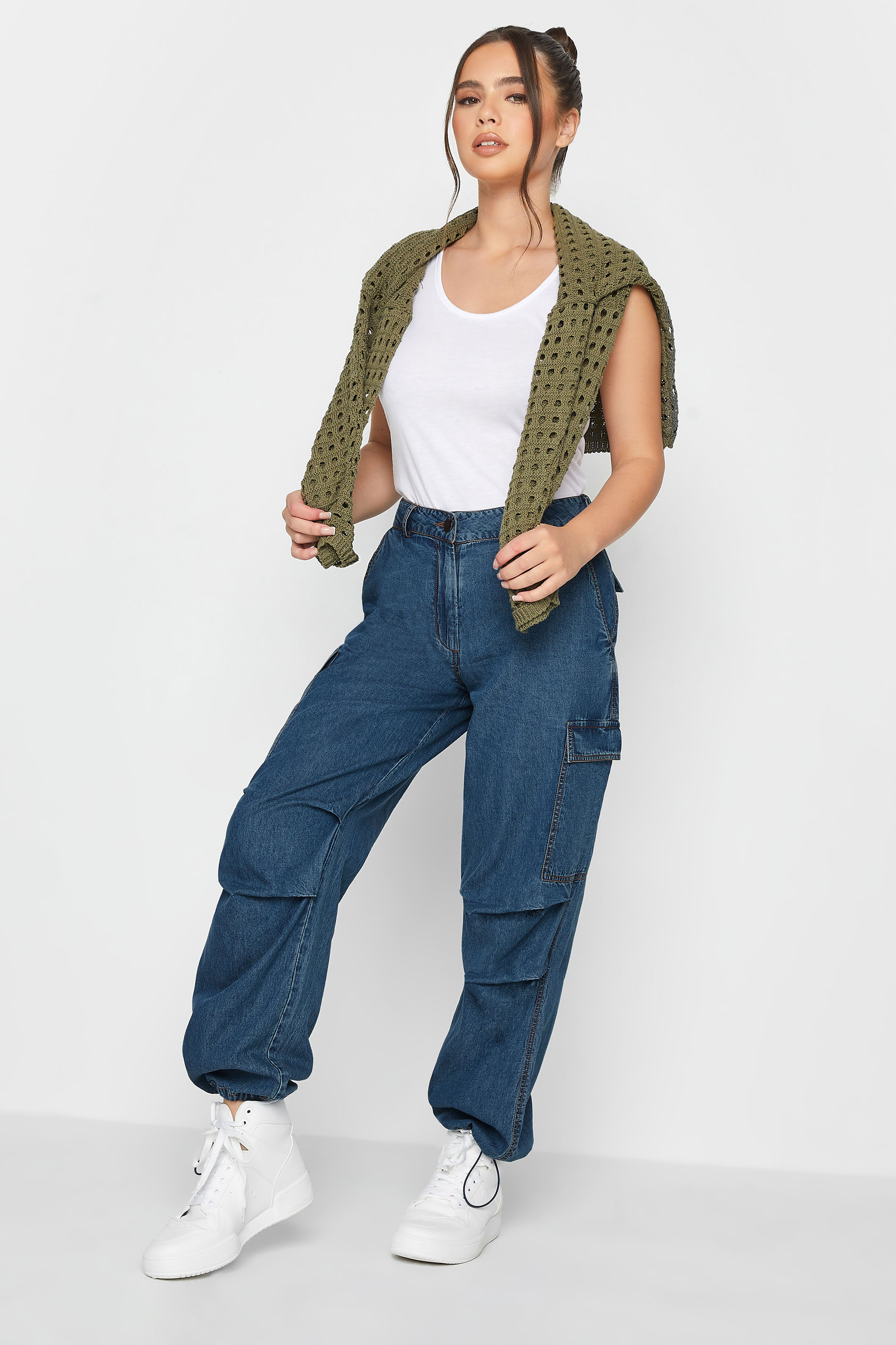 Petite Blue Denim Parachute Trousers | PixieGirl 1