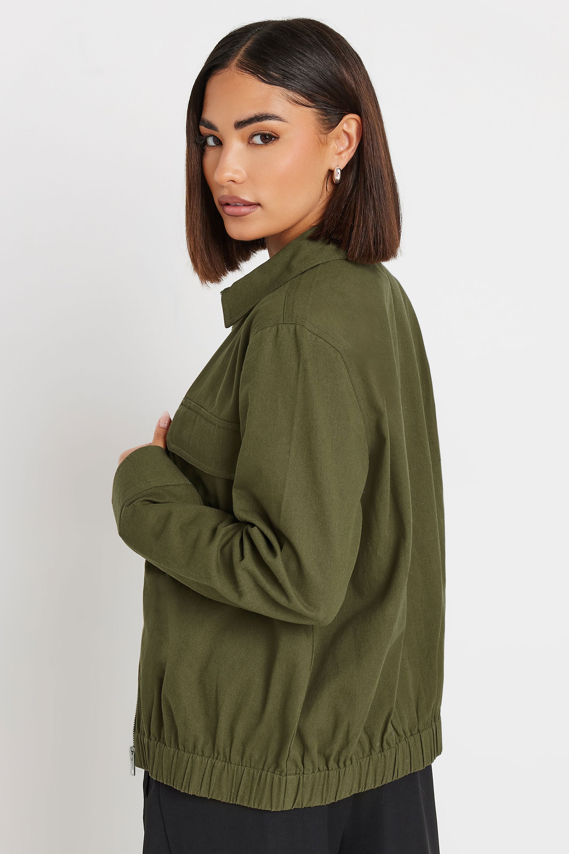 PixieGirl Petite Women's Khaki Green Utility Bomber Jacket | PixieGirl 5