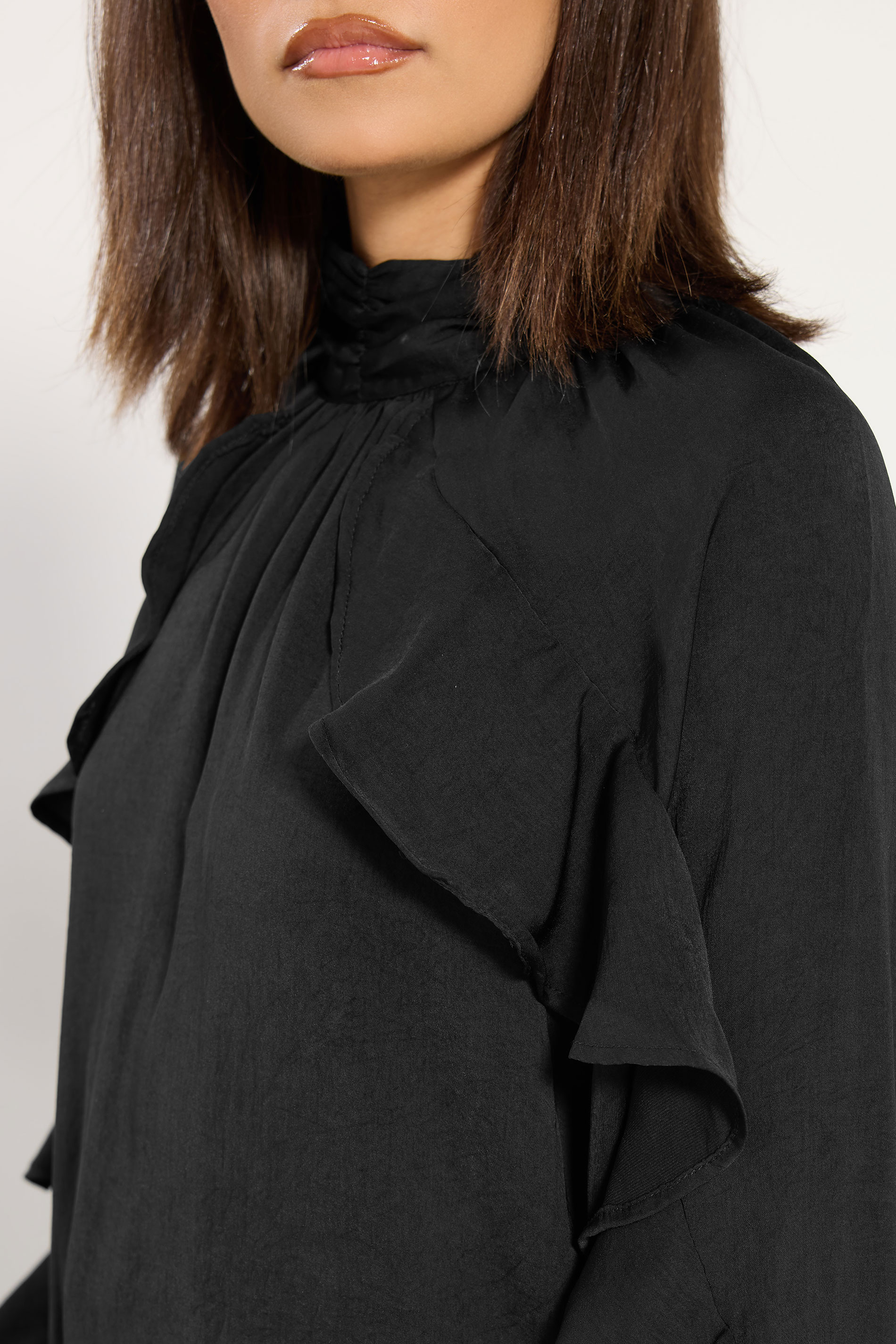 PixieGirl Petite Women's Black Satin Frill Blouse | PixieGirl 5