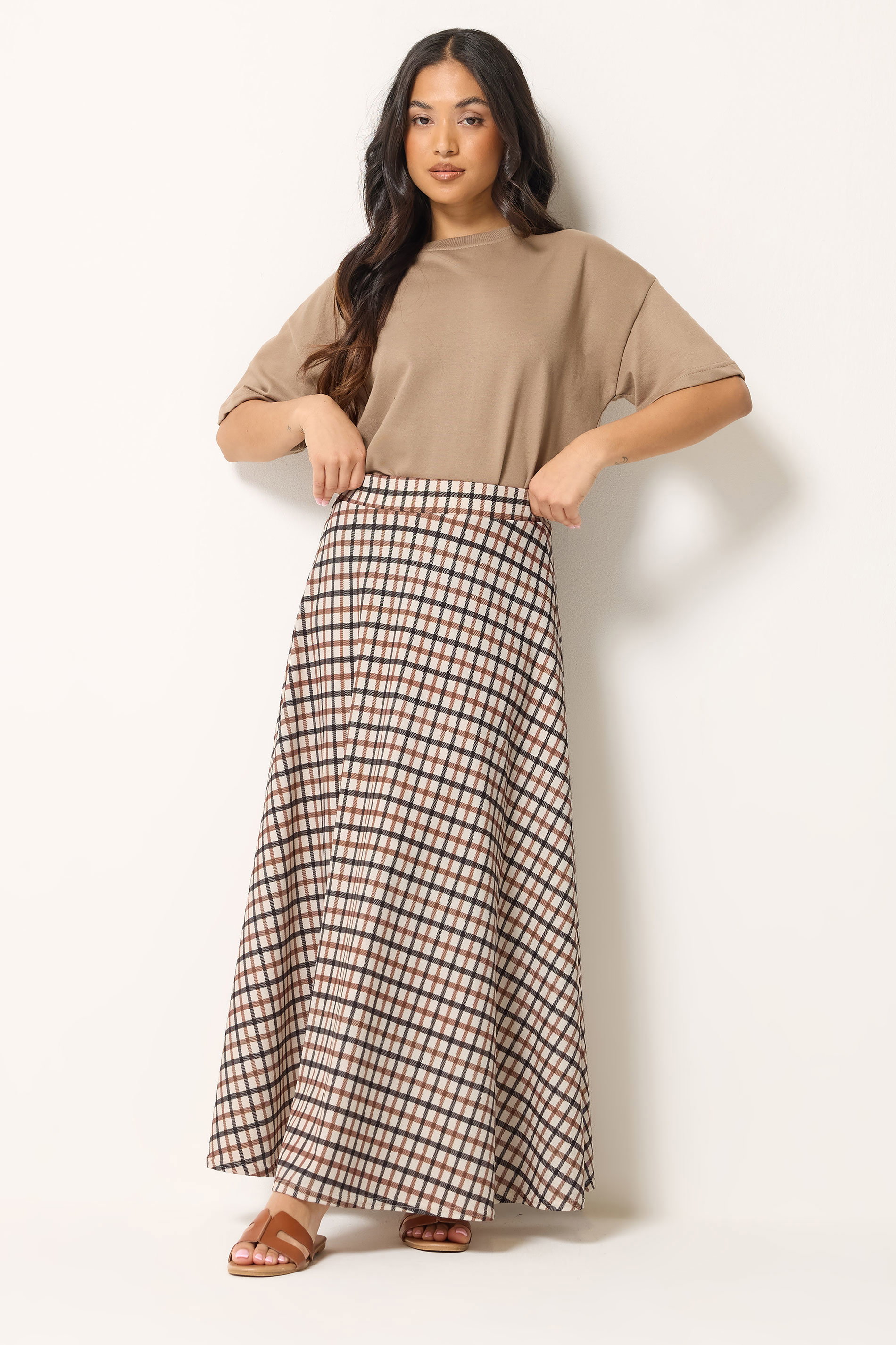 Pixiegirl Women's Brown Petite Natural Check Maxi Skirt Size 14