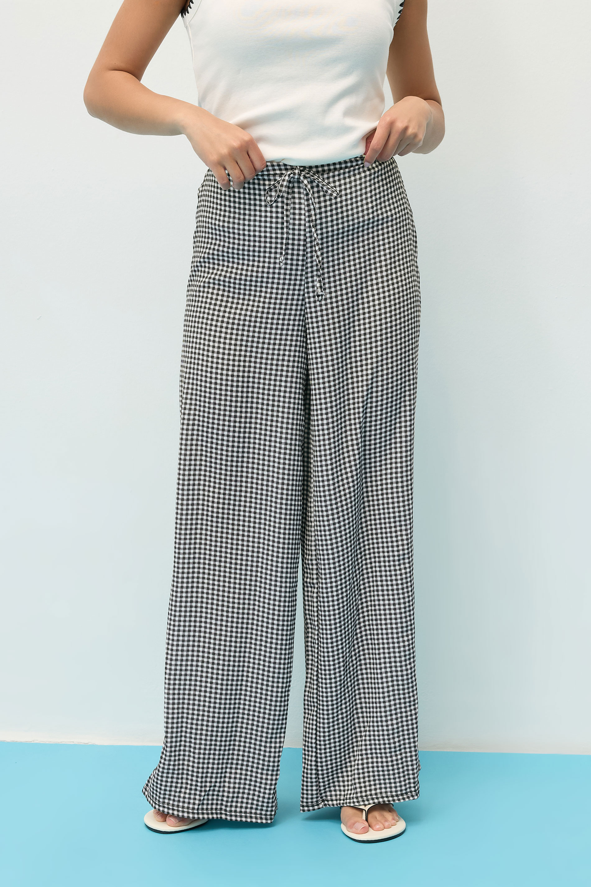 PixieGirl Petite Women's Black Gingham Wide Leg Trousers | PixieGirl 3