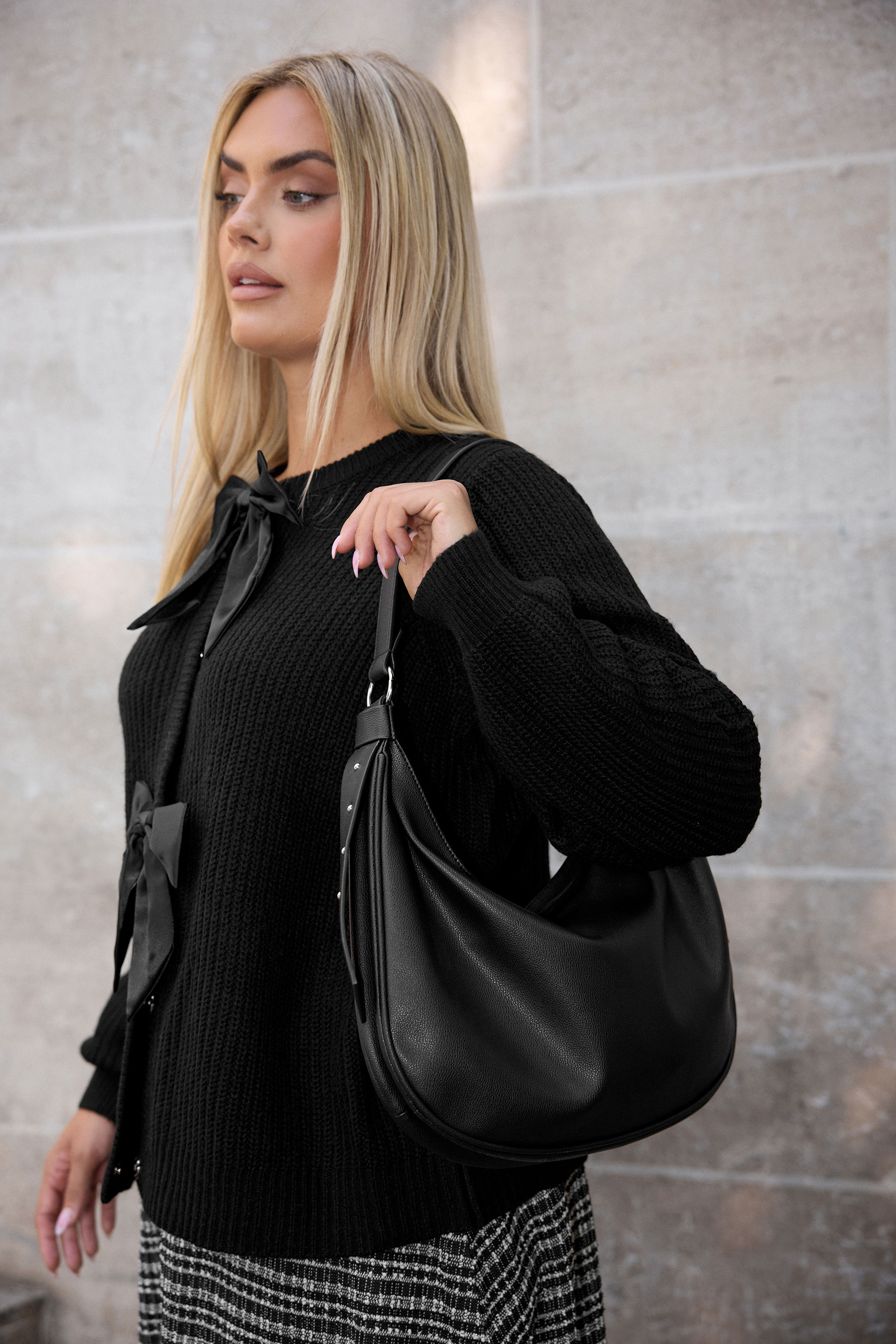 Black Faux Leather Slouched Studded Shoulder Bag | Yours Clothing 1