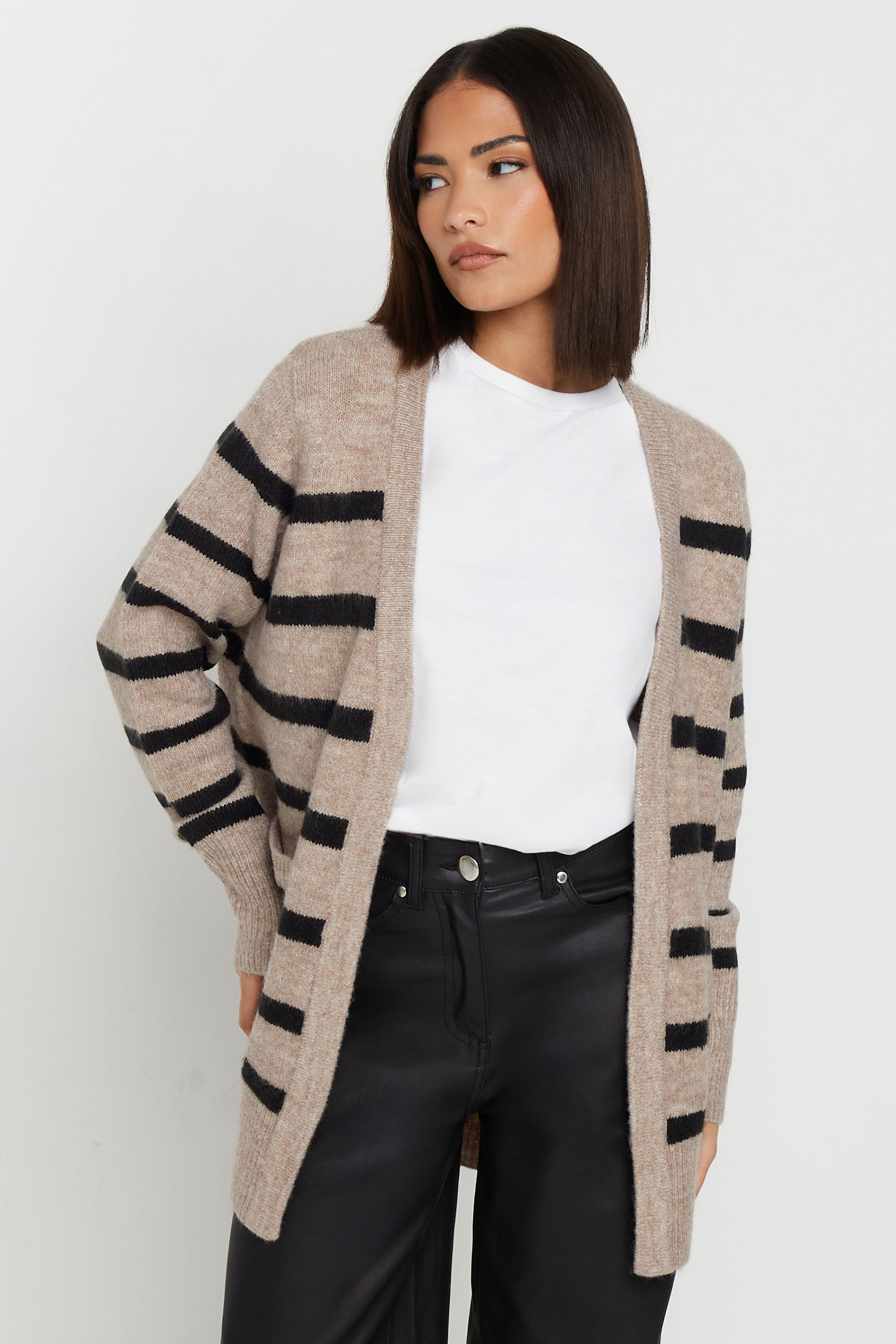 PixieGirl Beige Brown & Black Stripe Midi Cardigan | PixieGirl  1