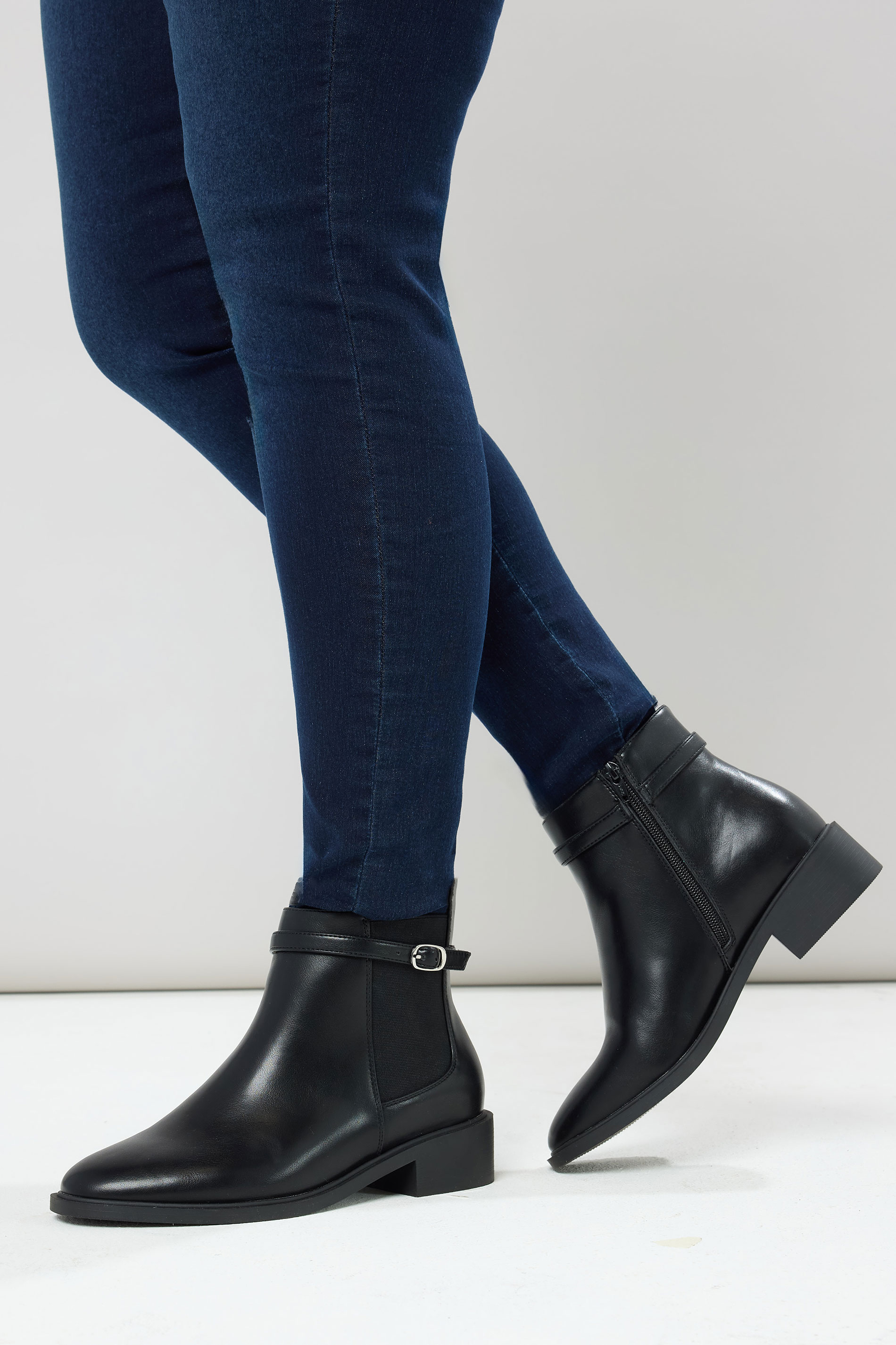 Black Faux Leather Buckle Stretch Ankle Boots In Wide E Fit & Extra Wide EEE Fit | Yours Clothing 2