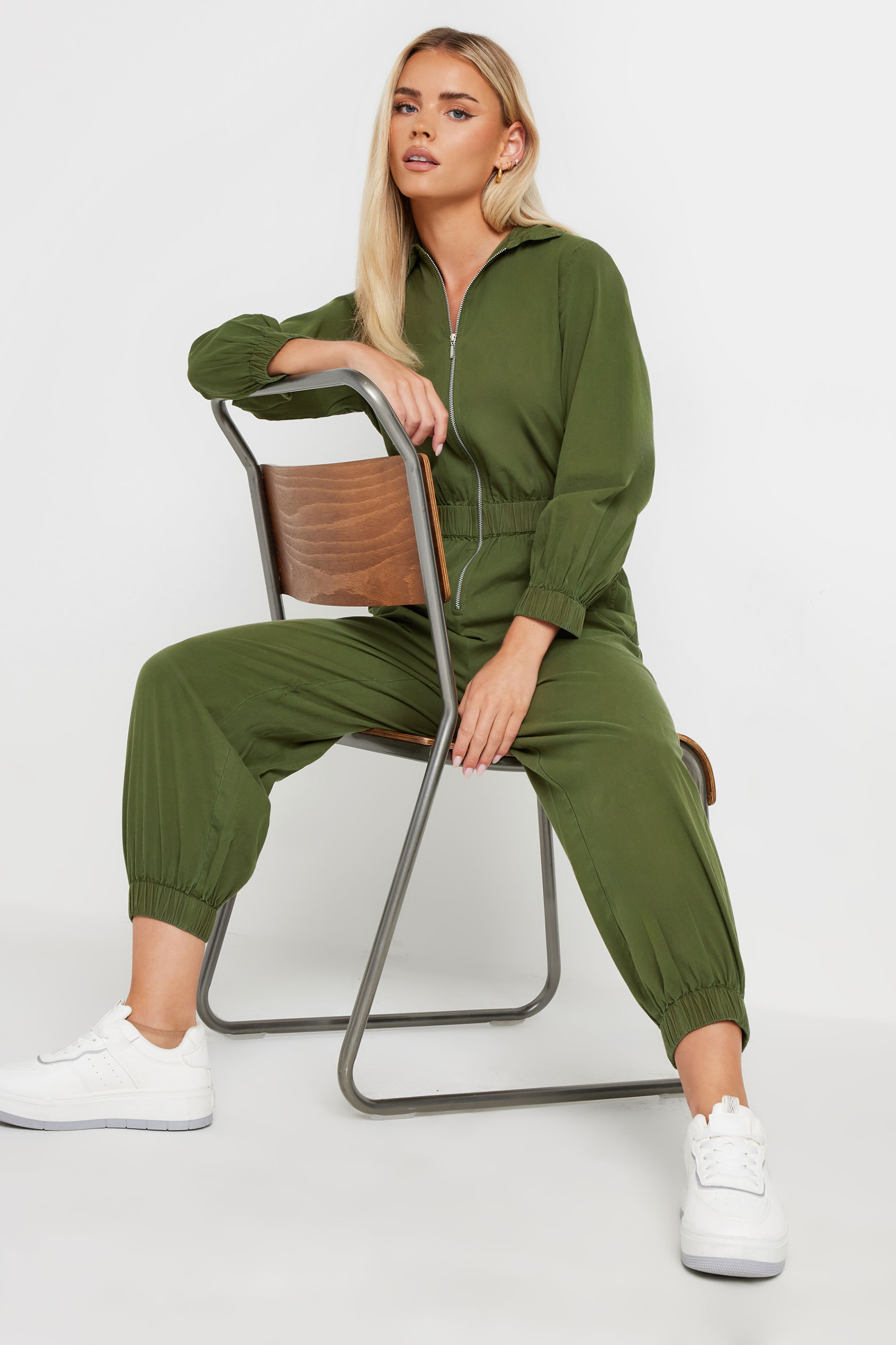 PixieGirl Petite Women's Khaki Green Zip Front Jumpsuit | PixieGirl 2