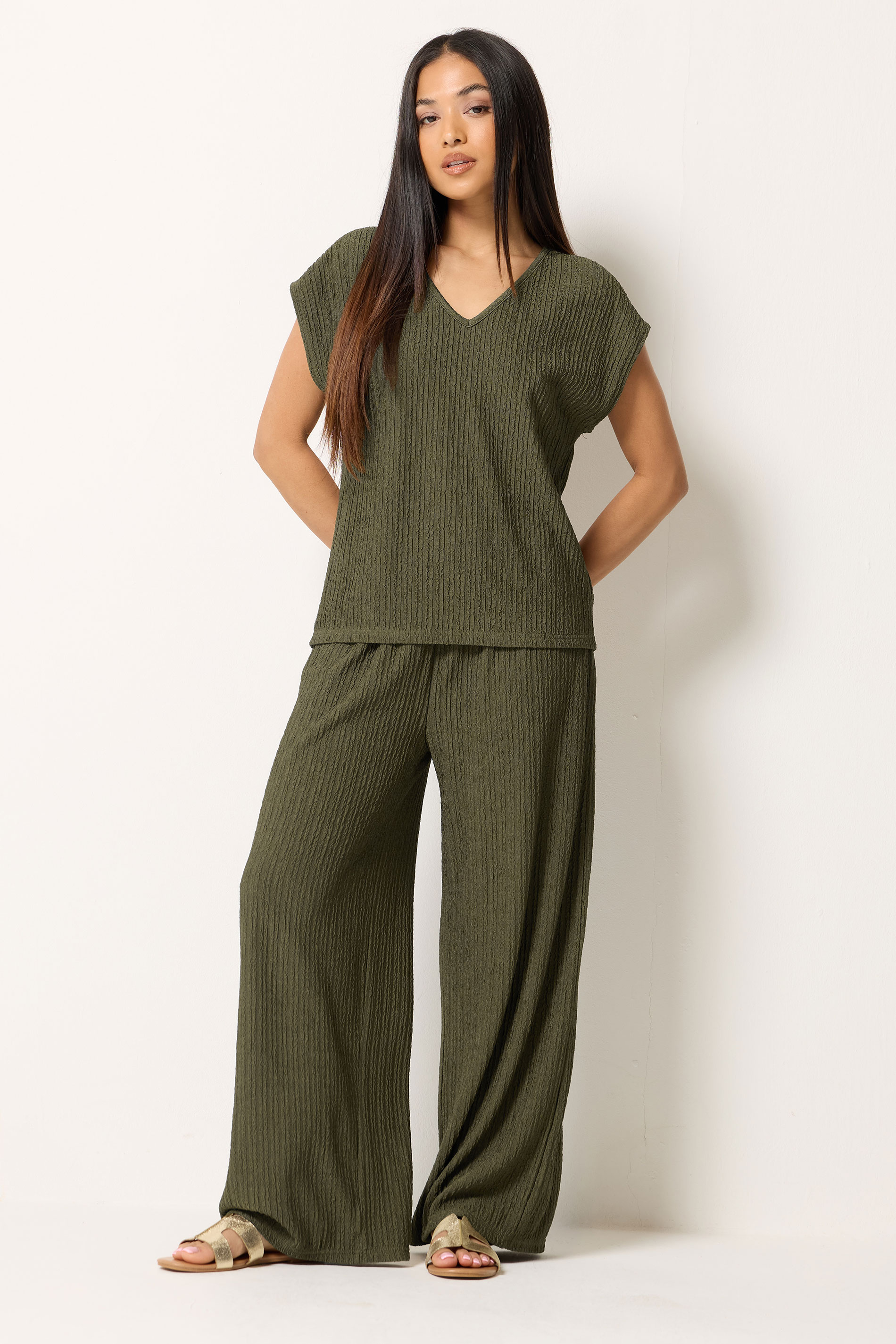 M&Co Petite Khaki Green Textured V Neck T-Shirt | M&Co 1