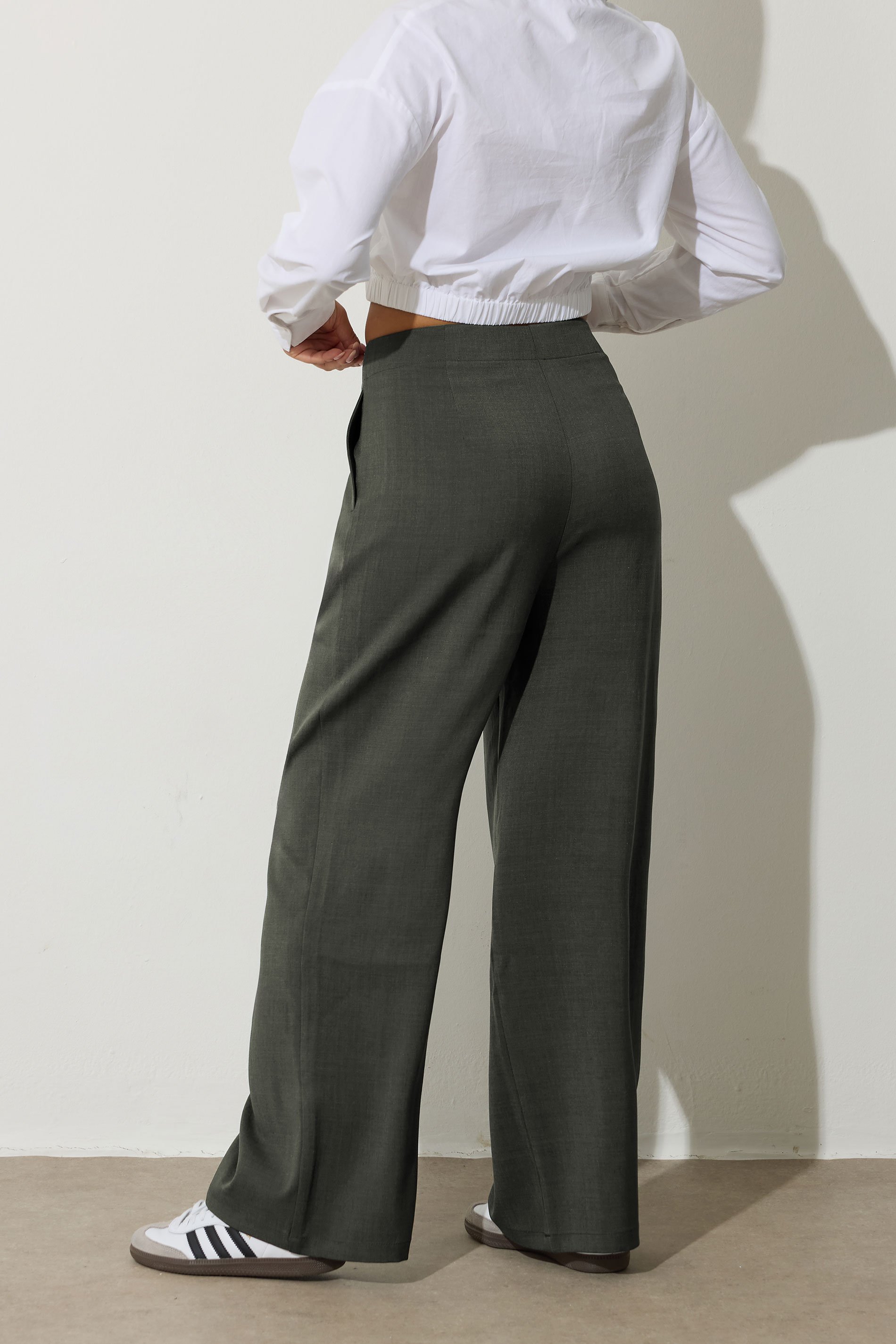 PixieGirl Petite Womens Olive Green Buckle Wide Leg Trousers | PixieGirl 3