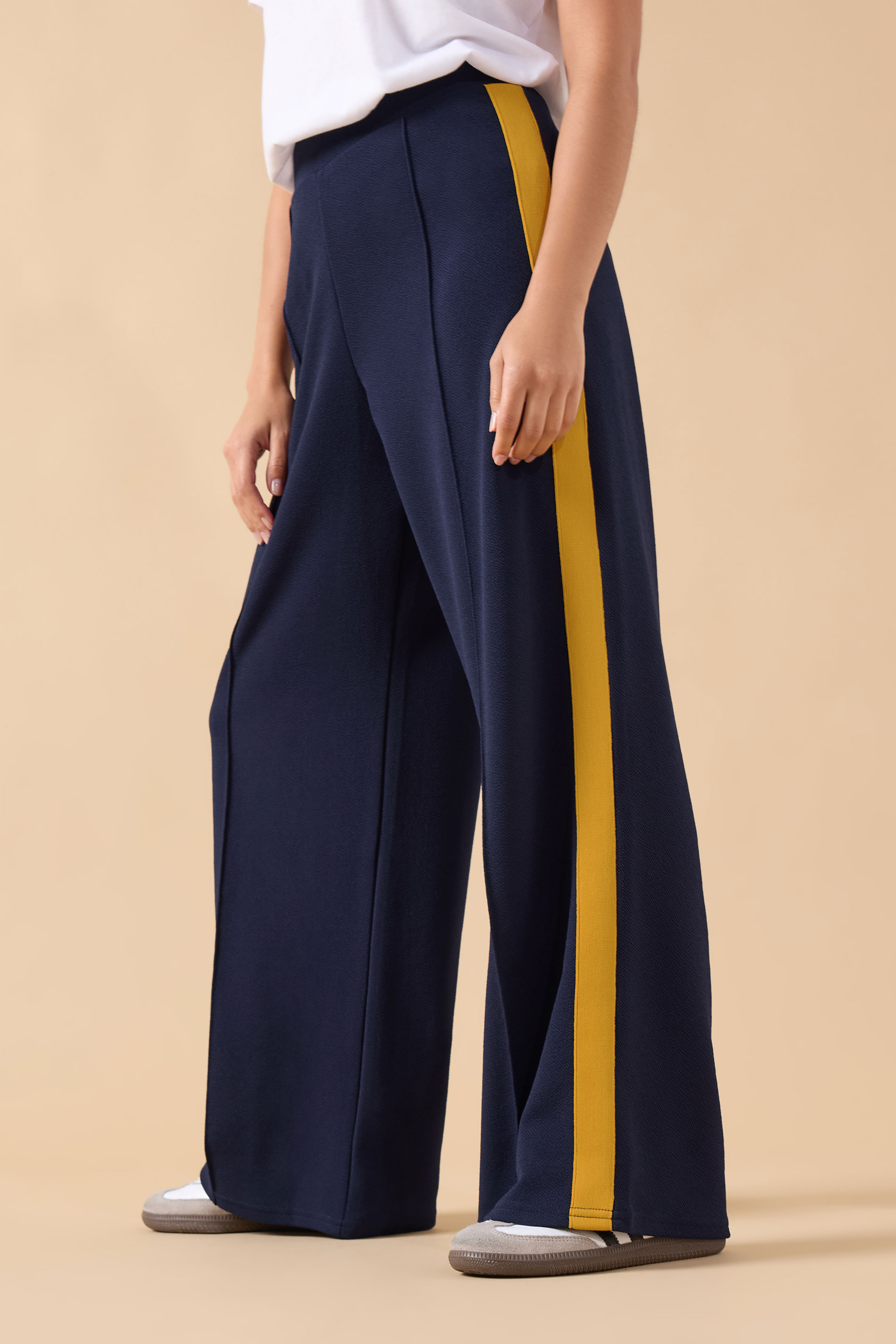 PixieGirl Petite Women's Navy Blue & Yellow Side Stripe Trousers | PixieGirl 2