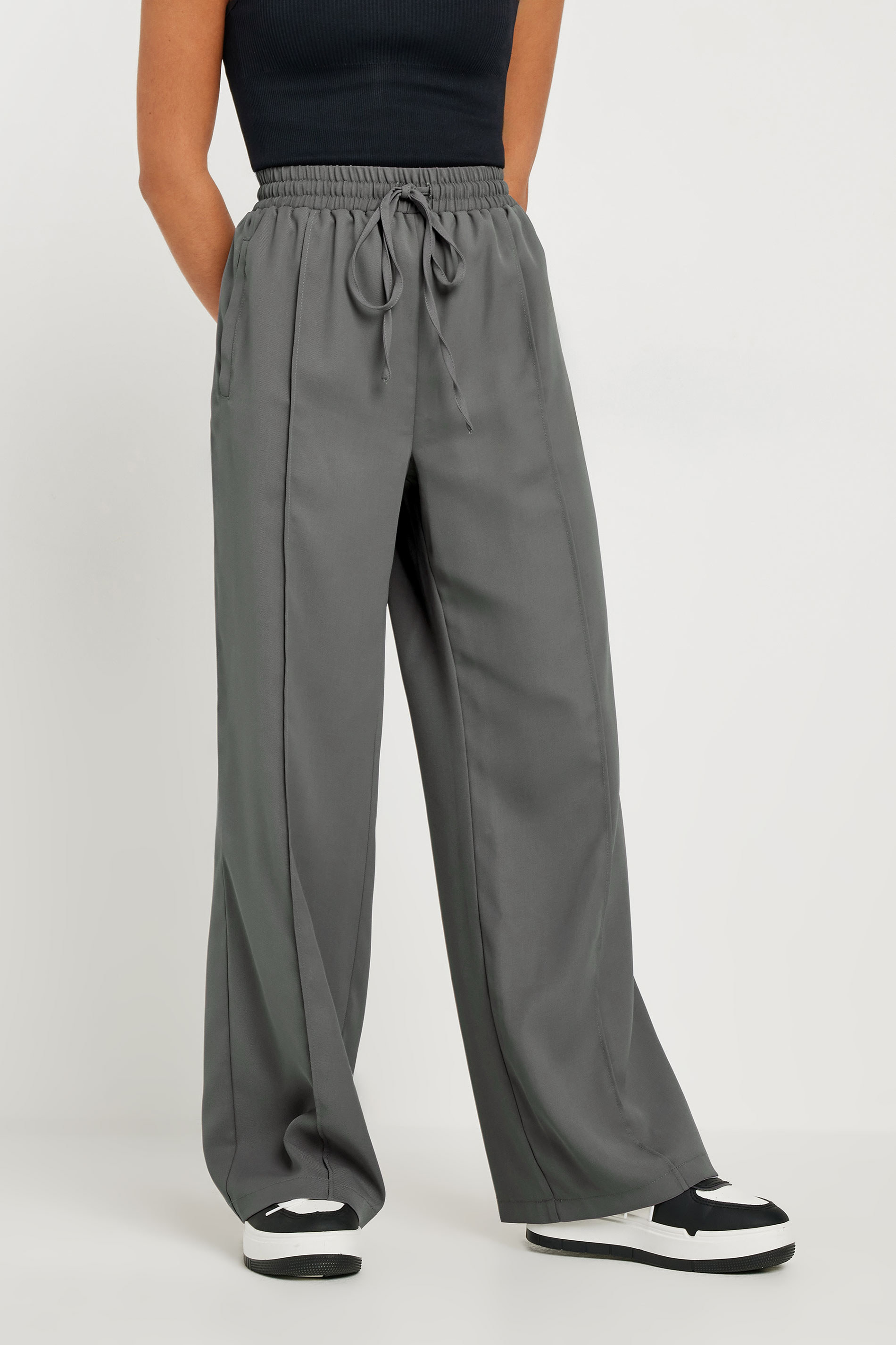 PixieGirl Petite Women's Grey Pintuck Tie Waist Wide Leg Trousers | PixieGirl 3