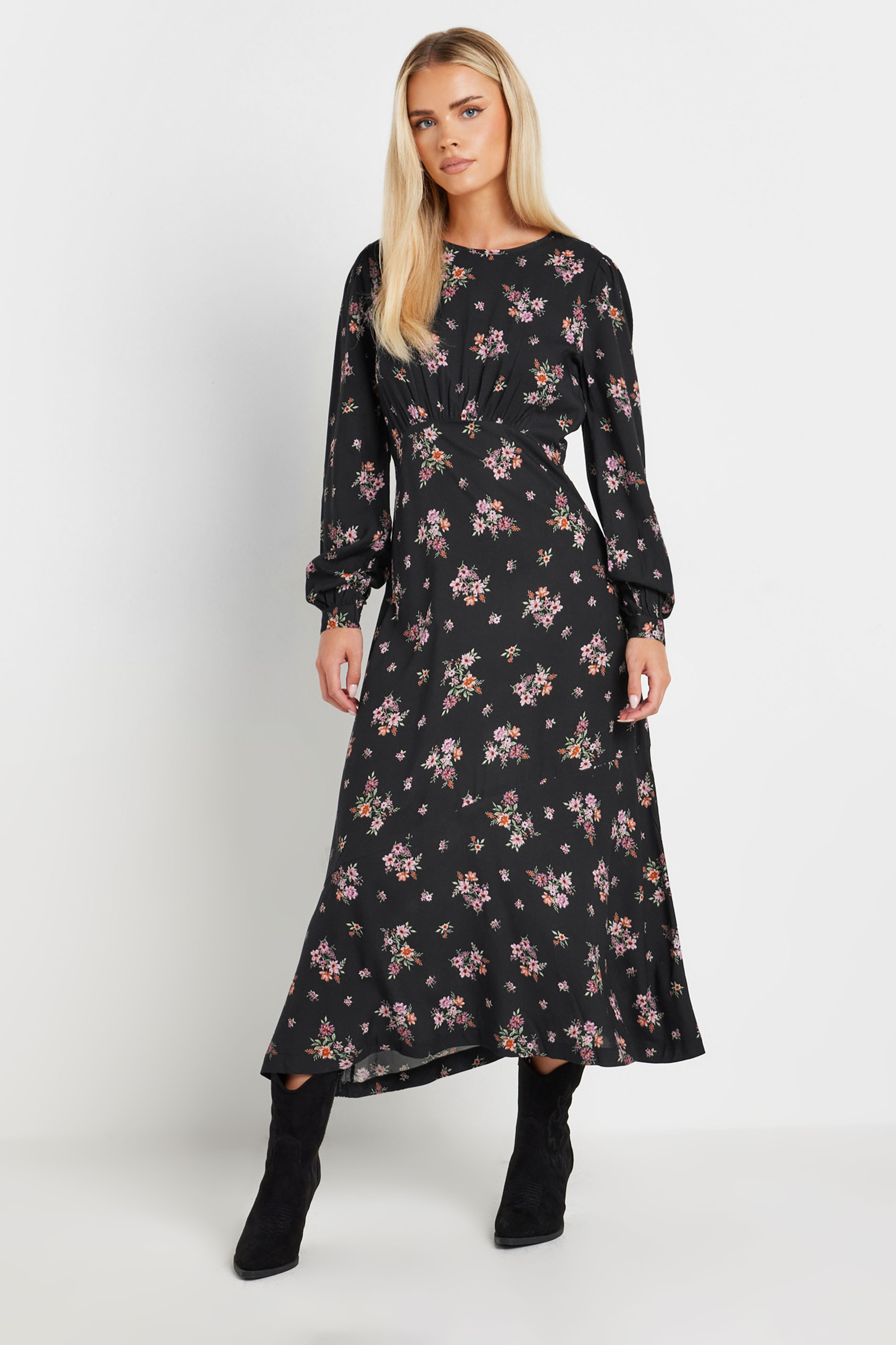 PixieGirl Petite Women's Black Floral Print Long Sleeve Midaxi Dress | PixieGirl 1