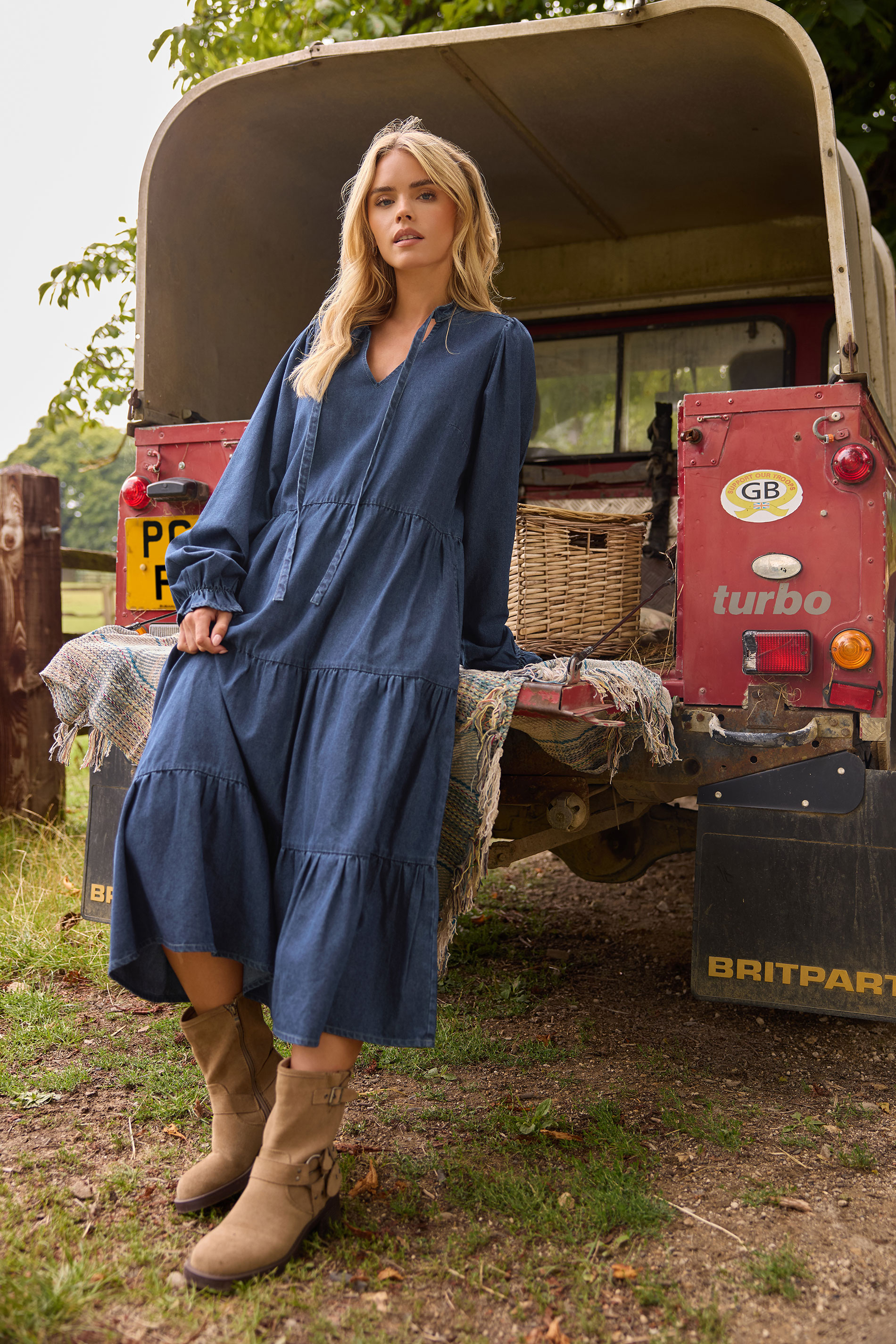 PixieGirl Petite Women's Dark Blue Tie Neck Tiered Dress | PixieGirl 1