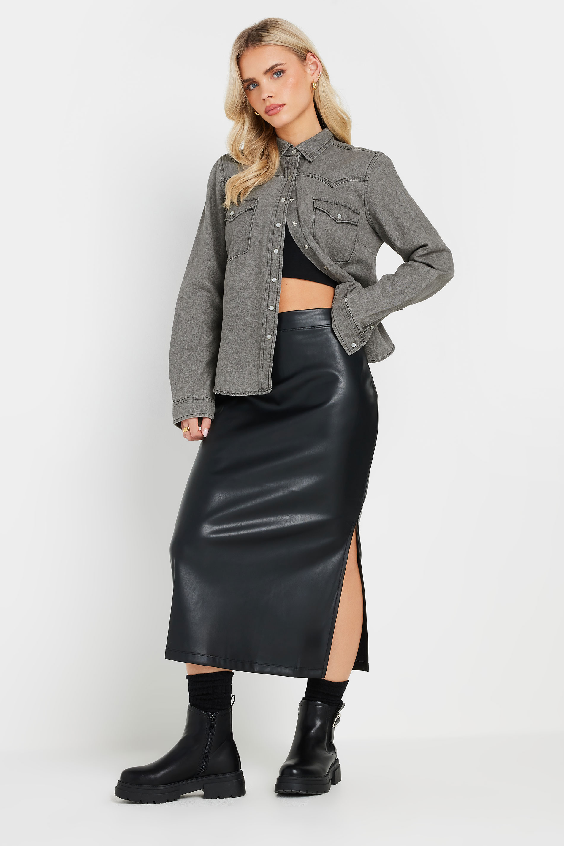 PixieGirl Petite Women's Charcoal Grey Washed Denim Shirt | PixieGirl 2