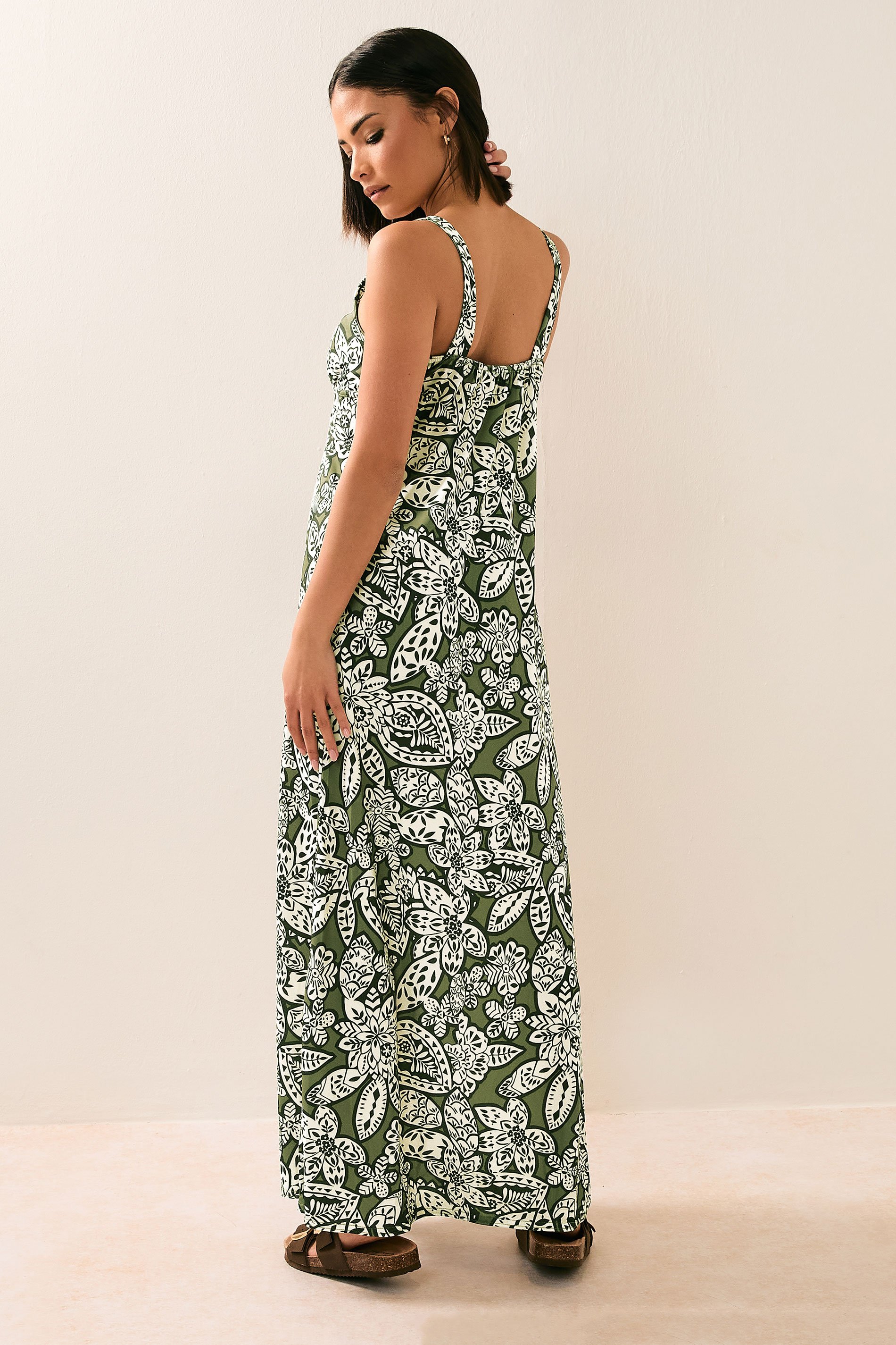 PixieGirl Petite Women's Khaki Green Floral Print Maxi Dress | PixieGirl 3