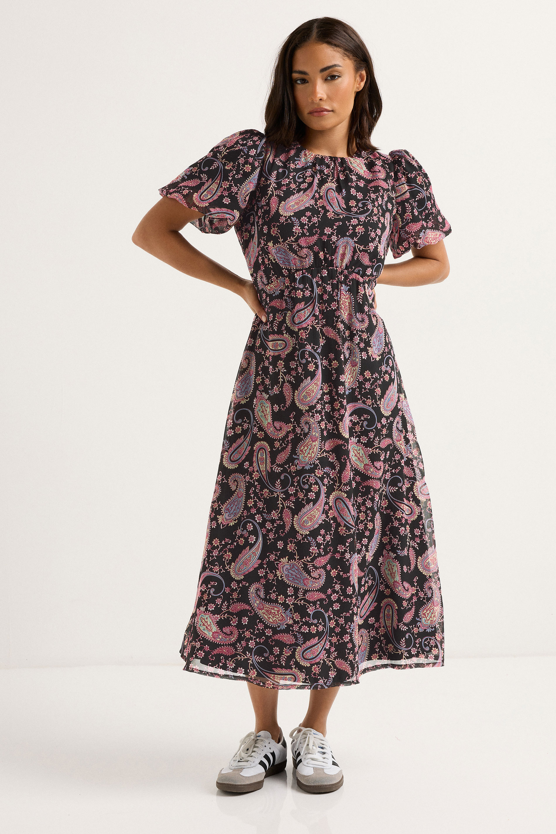 PixieGirl Petite Women's Black Chiffon Paisley Tie Back Dress | PixieGirl 1