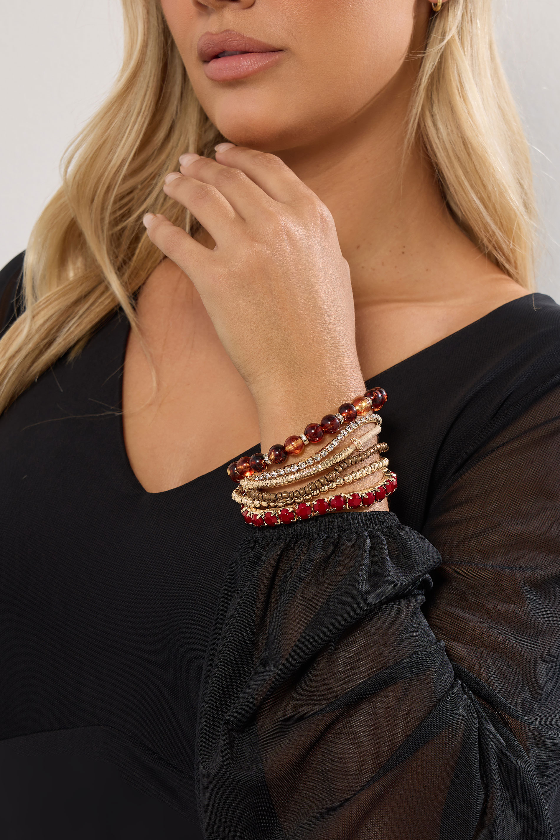 8 PACK Gold Tone Beaded Stretch Charm Bracelets | Yours Clothing 1