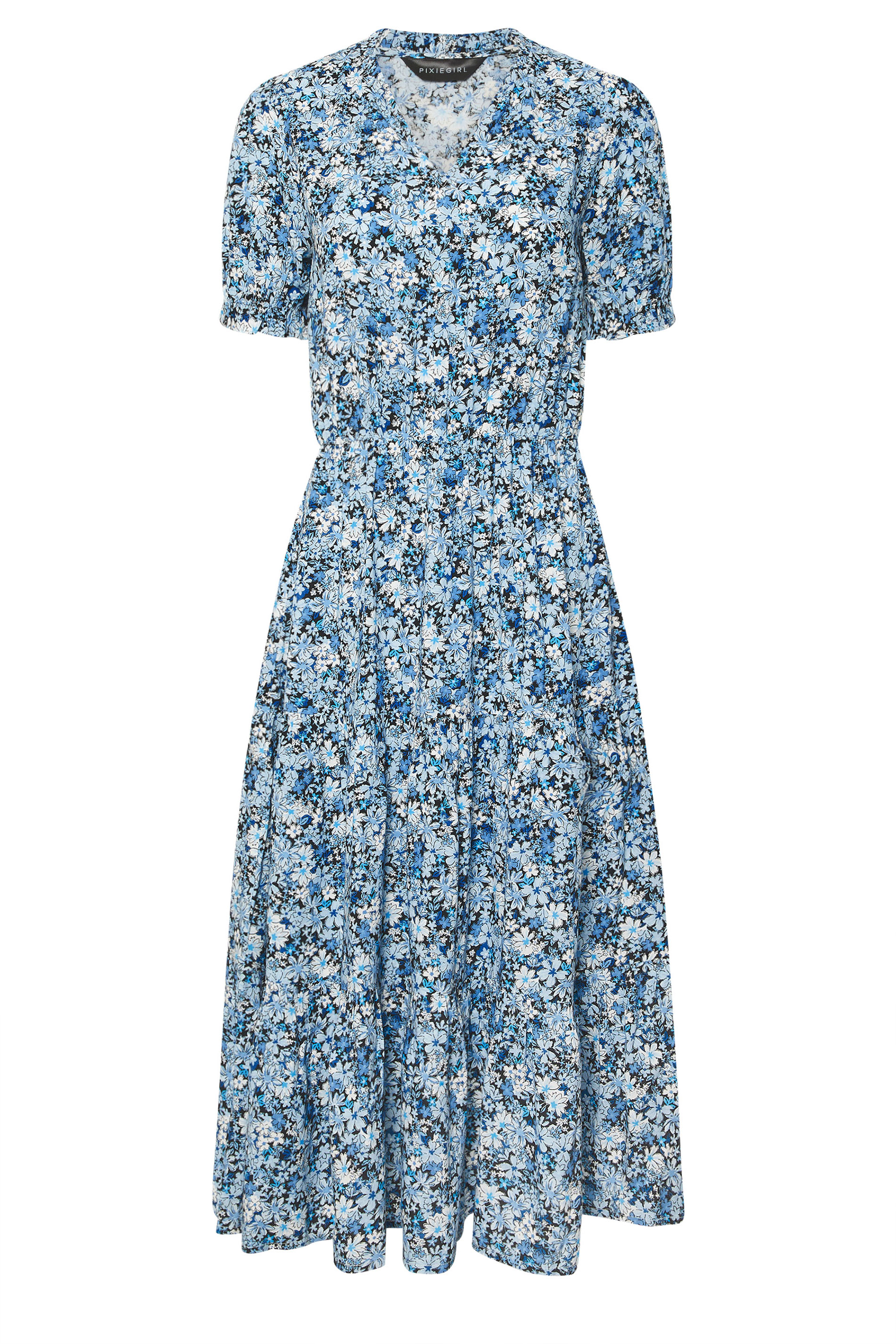 PixieGirl Petite Women's Blue Floral Print Tiered Smock Dress | PixieGirl 5