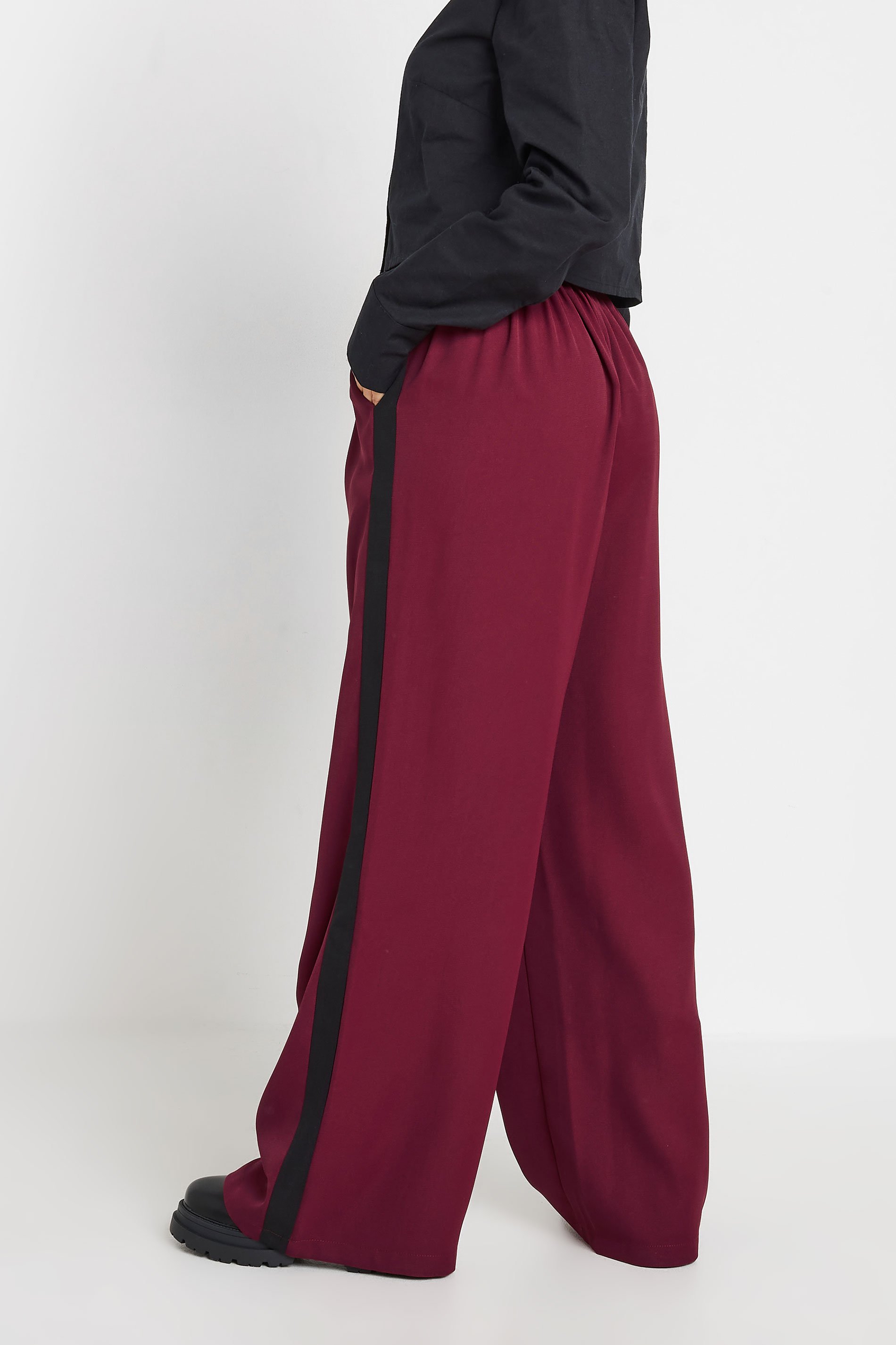 PixieGirl Petite Women's Burgundy Red Side Stripe Contrast Waist Wide Leg Trousers | PixieGirl 4