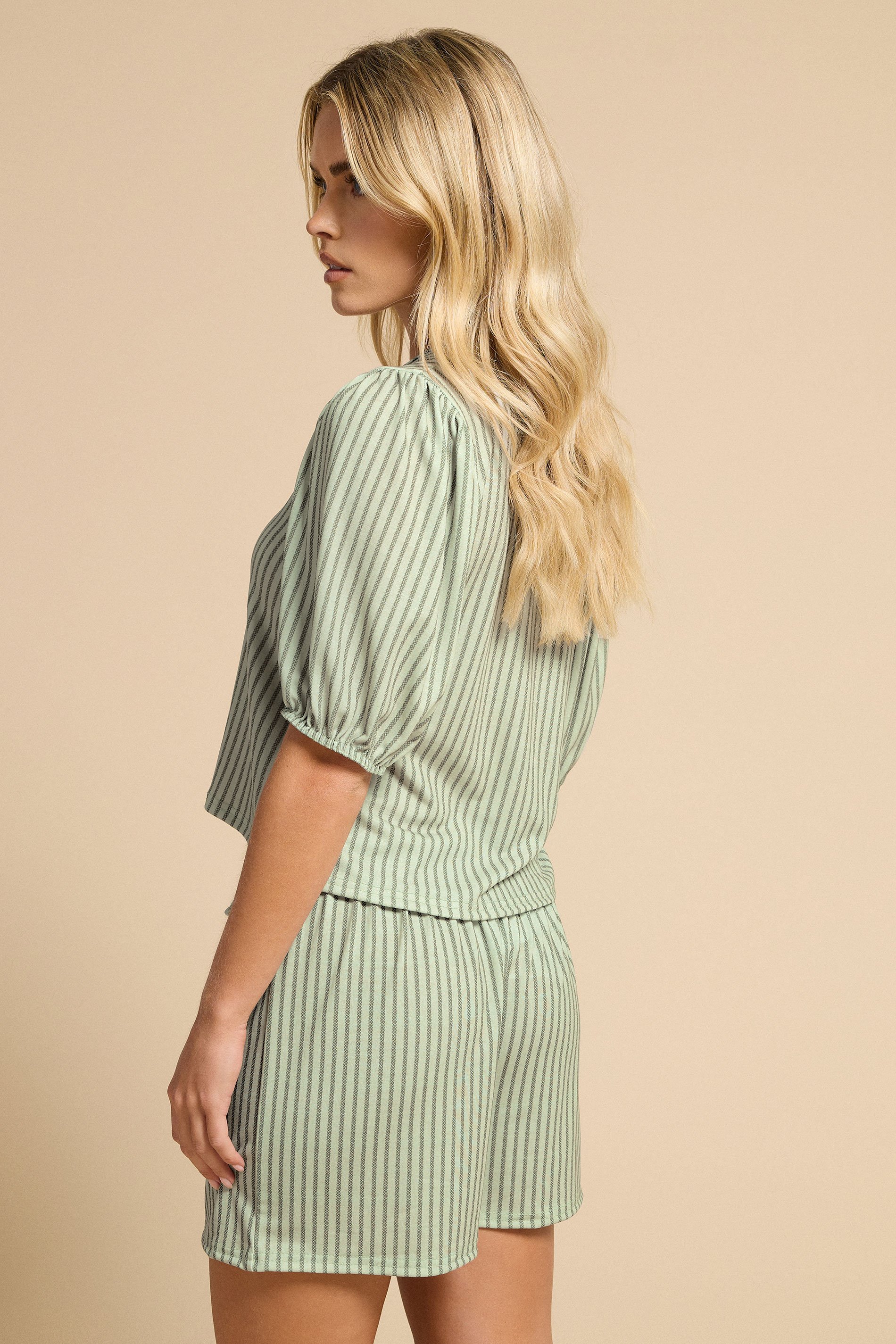 PixieGirl Petite Women's Sage Green Stripe Tie Front Top & Shorts Set | PixieGirl 5