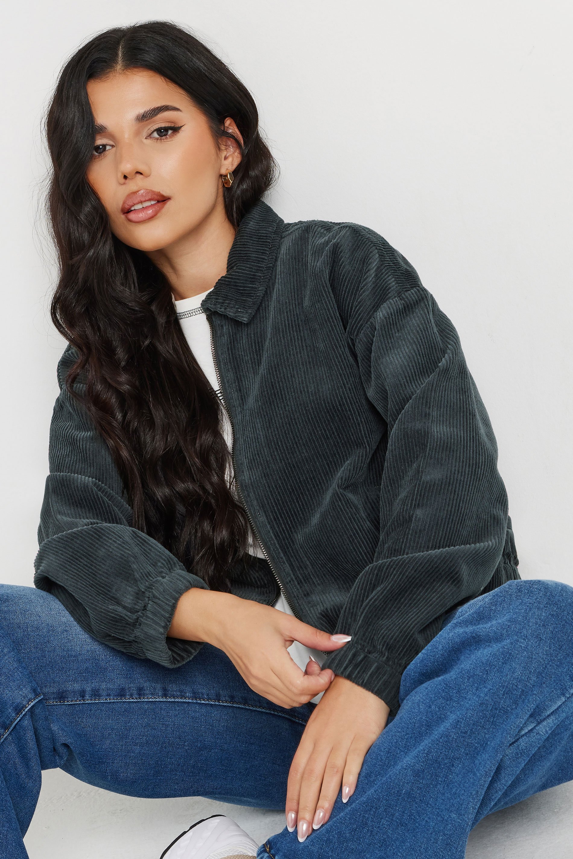 PixieGirl Petite Women's Charcoal Grey Cord Bomber Jacket | PixieGirl 2