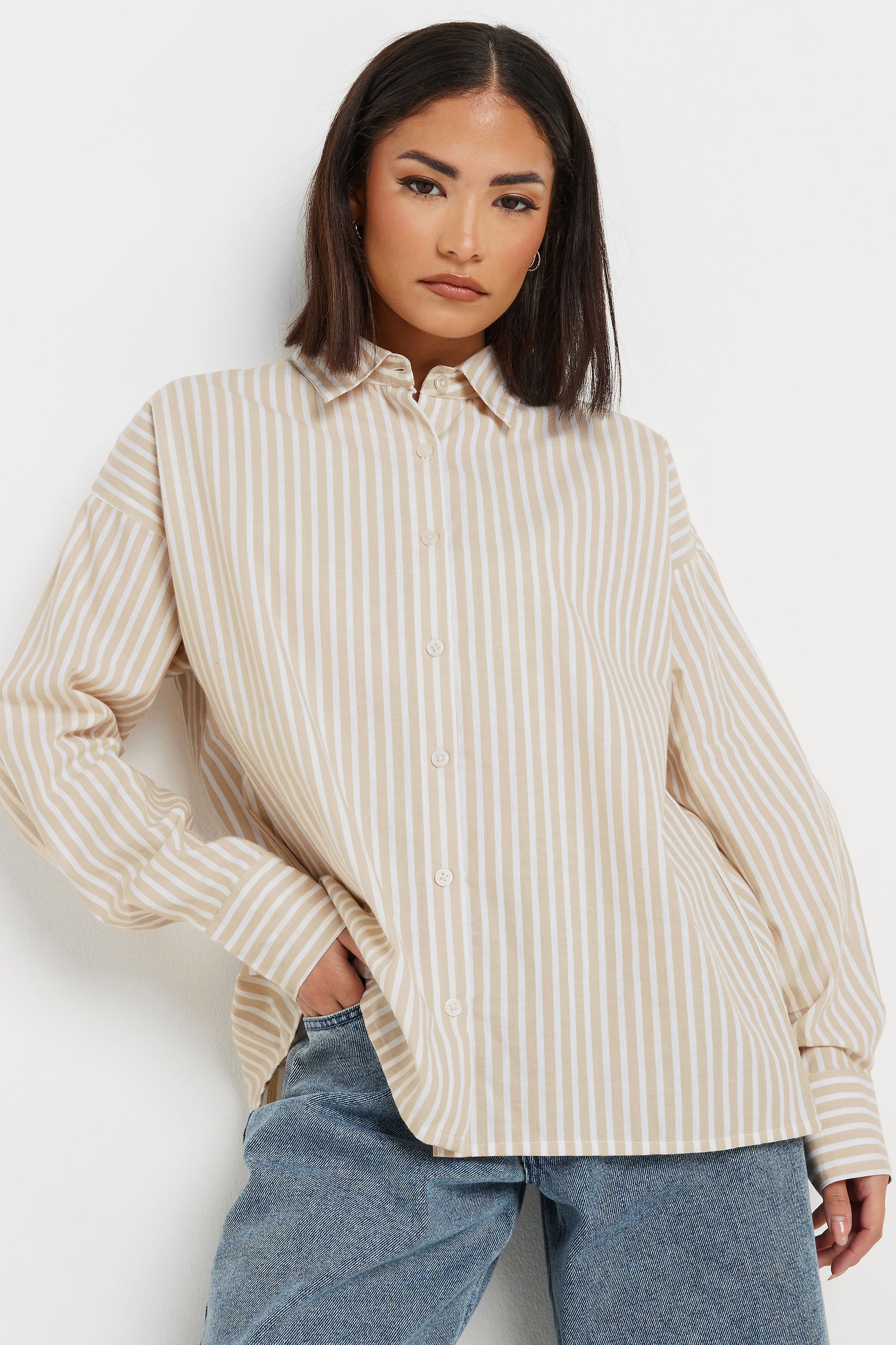 PixieGirl Petite Women's Stone Brown Stripe Tie Back Shirt | PixieGirl 2