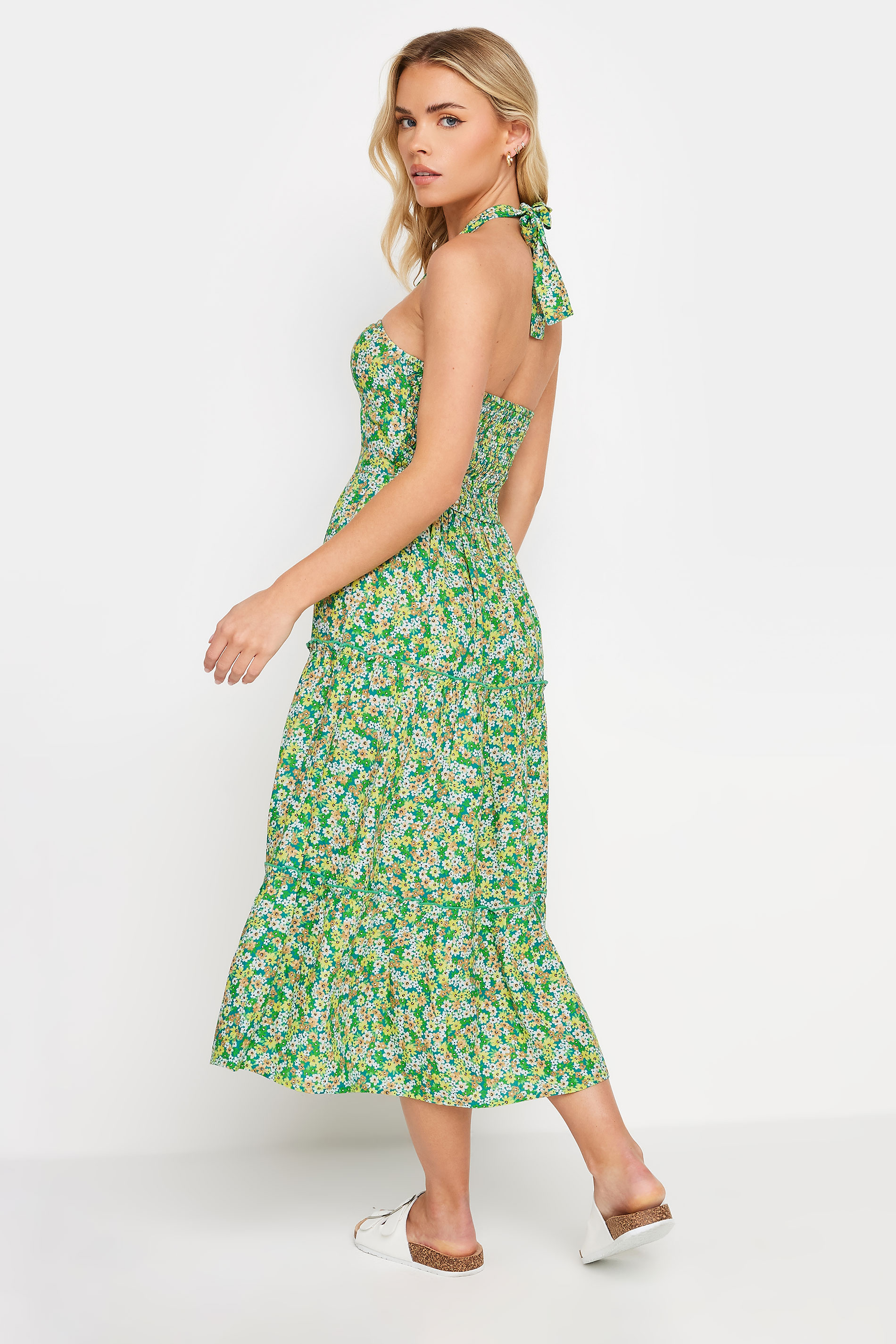 PixieGirl Petite Women's Green Halterneck Ditsy Floral Midi Dress | PixieGirl 3