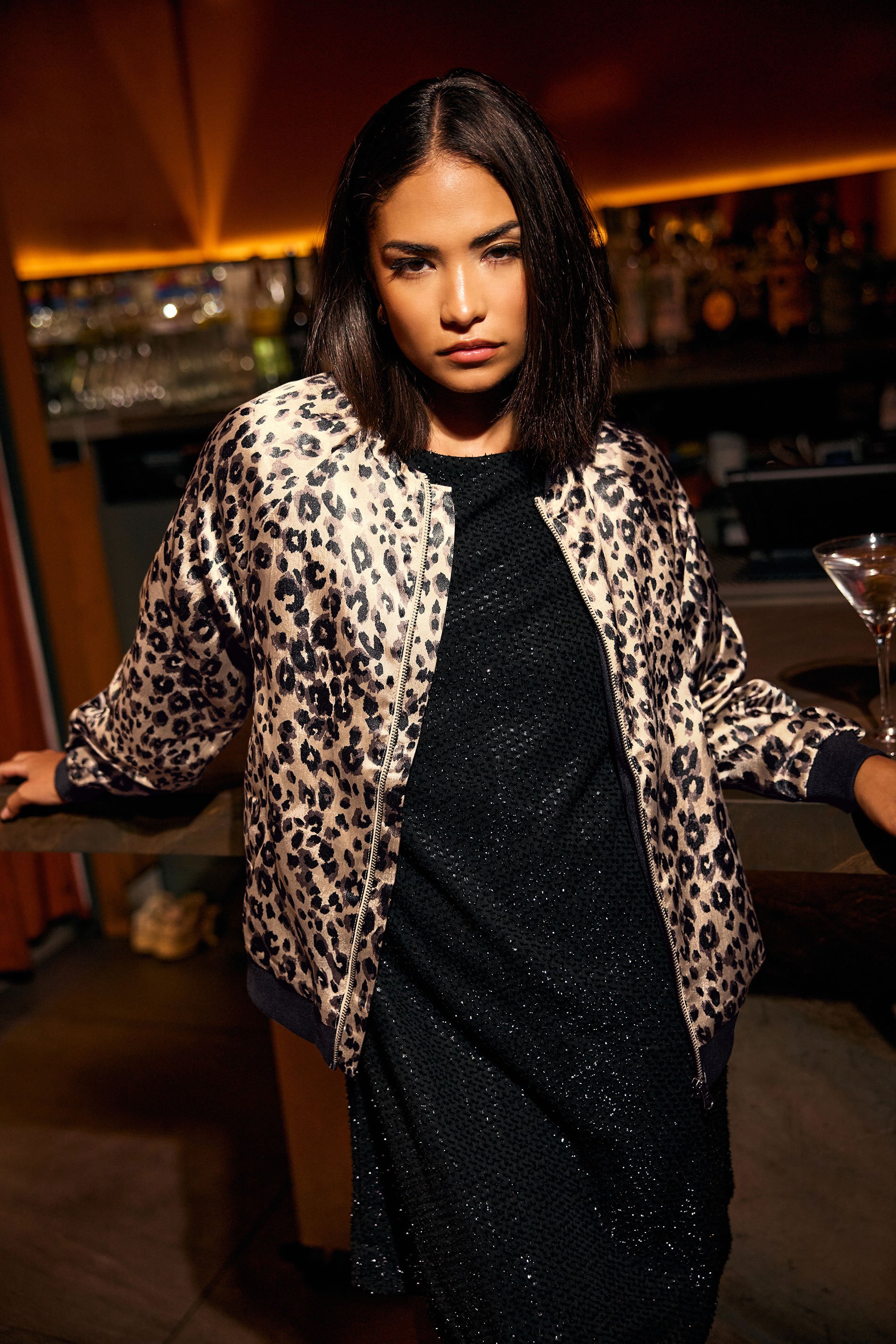 PixieGirl Petite Women's Stone Brown Leopard Print Satin Bomber Jacket | PixieGirl 1