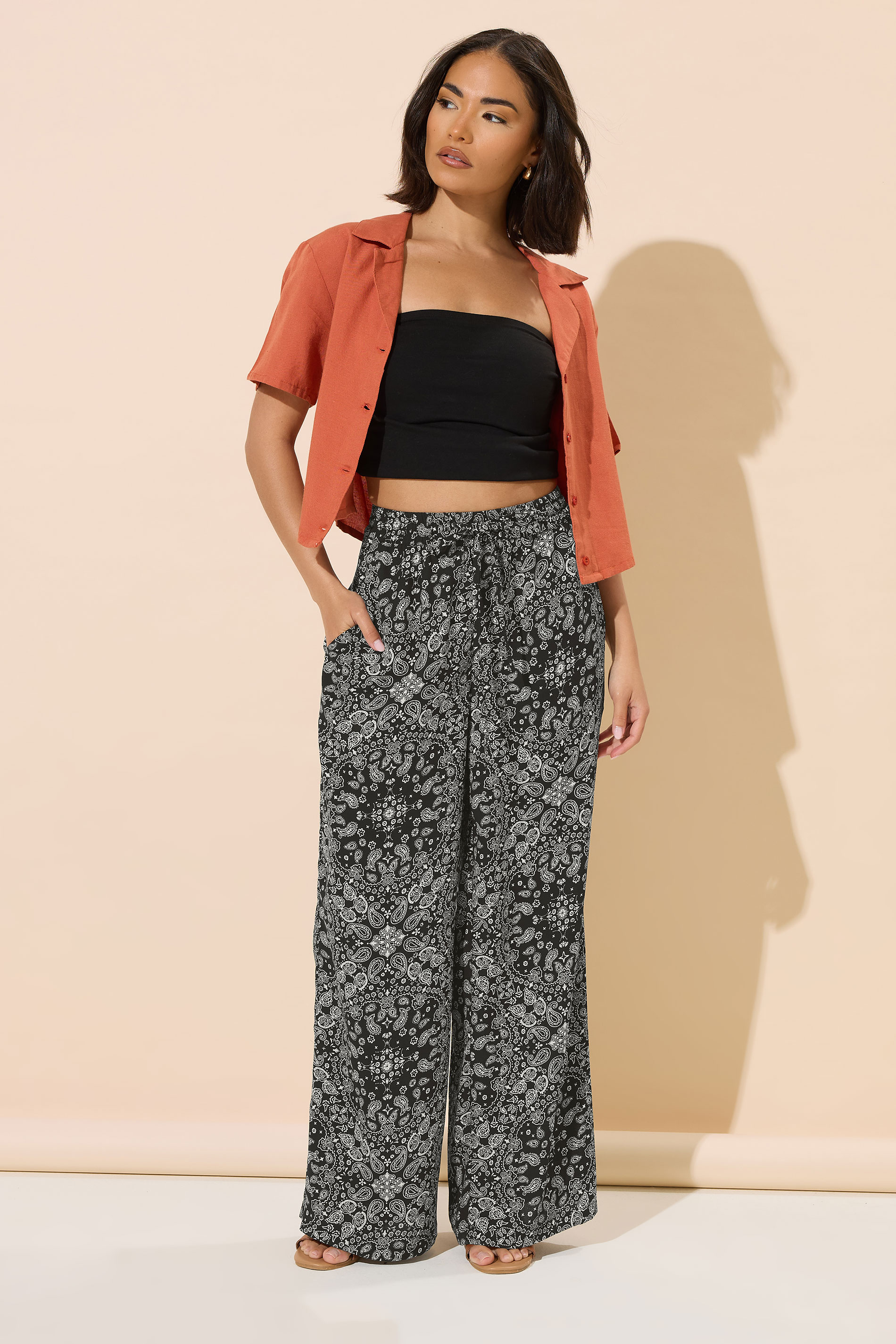 PixieGirl Petite Women's Black Paisley Wide Leg Trousers | PixieGirl 2