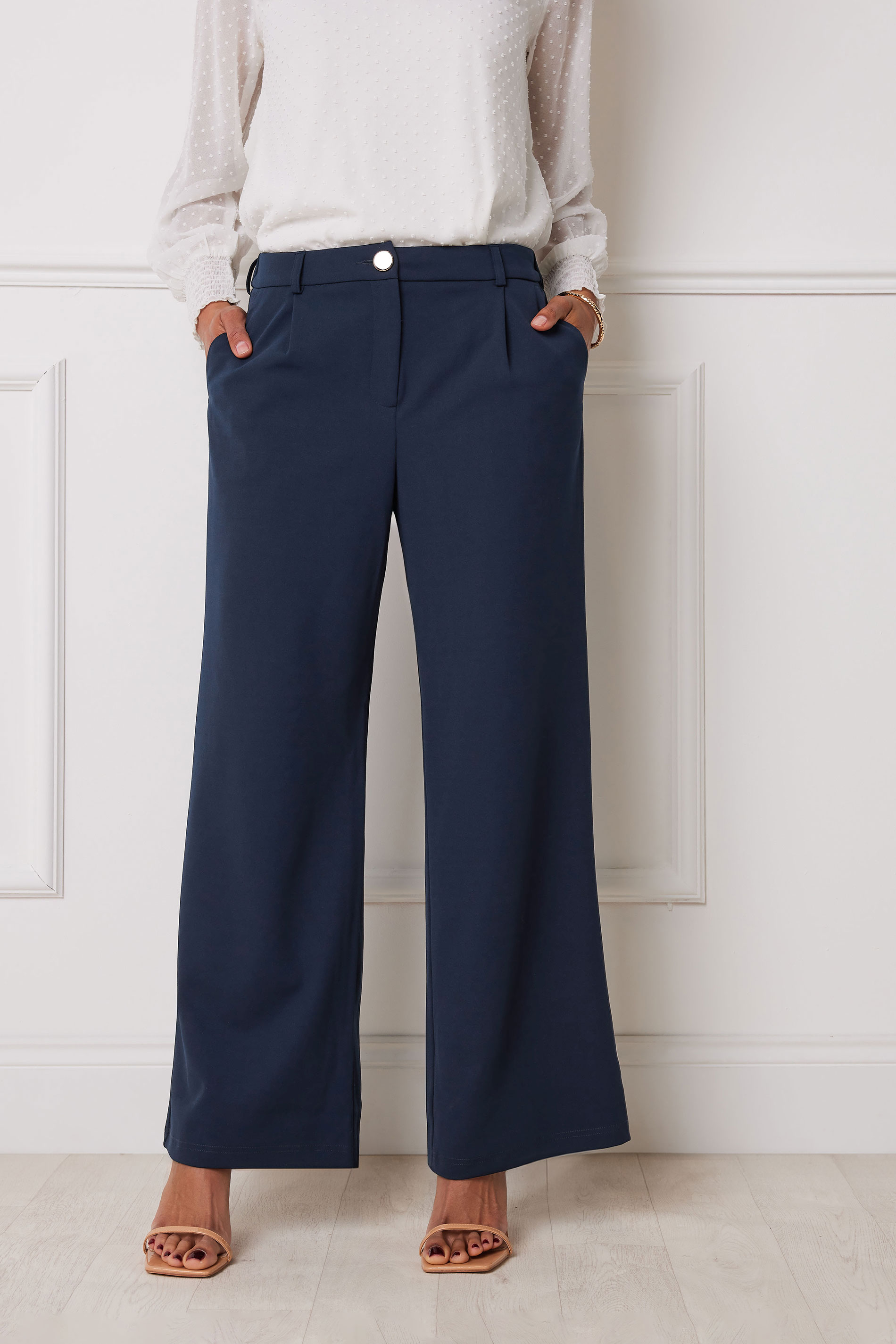 M&Co Navy Blue Scuba Wide Leg Trousers | M&Co 1
