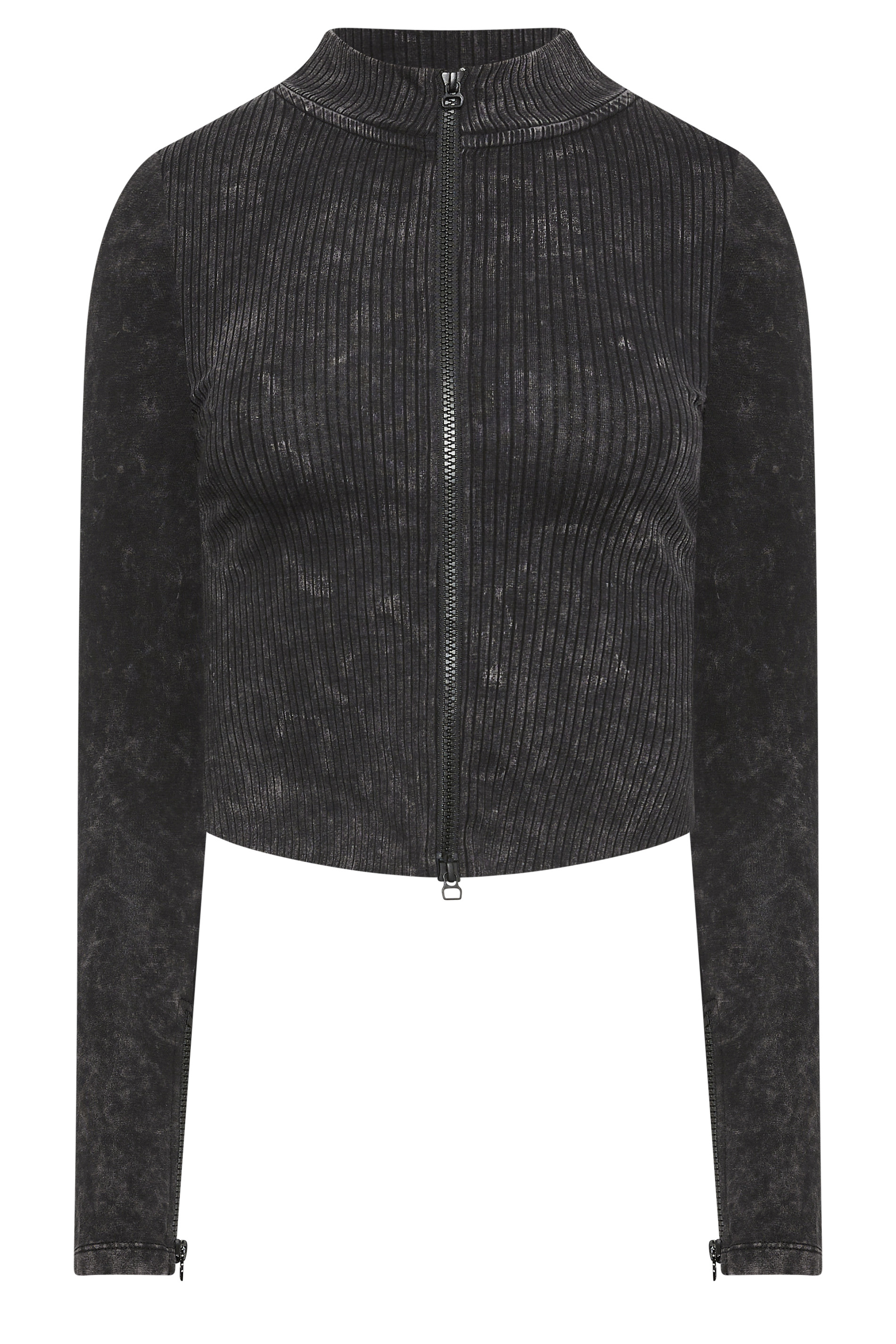 PixieGirl Petite Womens Black Acid Wash Zip Up Long Sleeve Top | PixieGirl  7