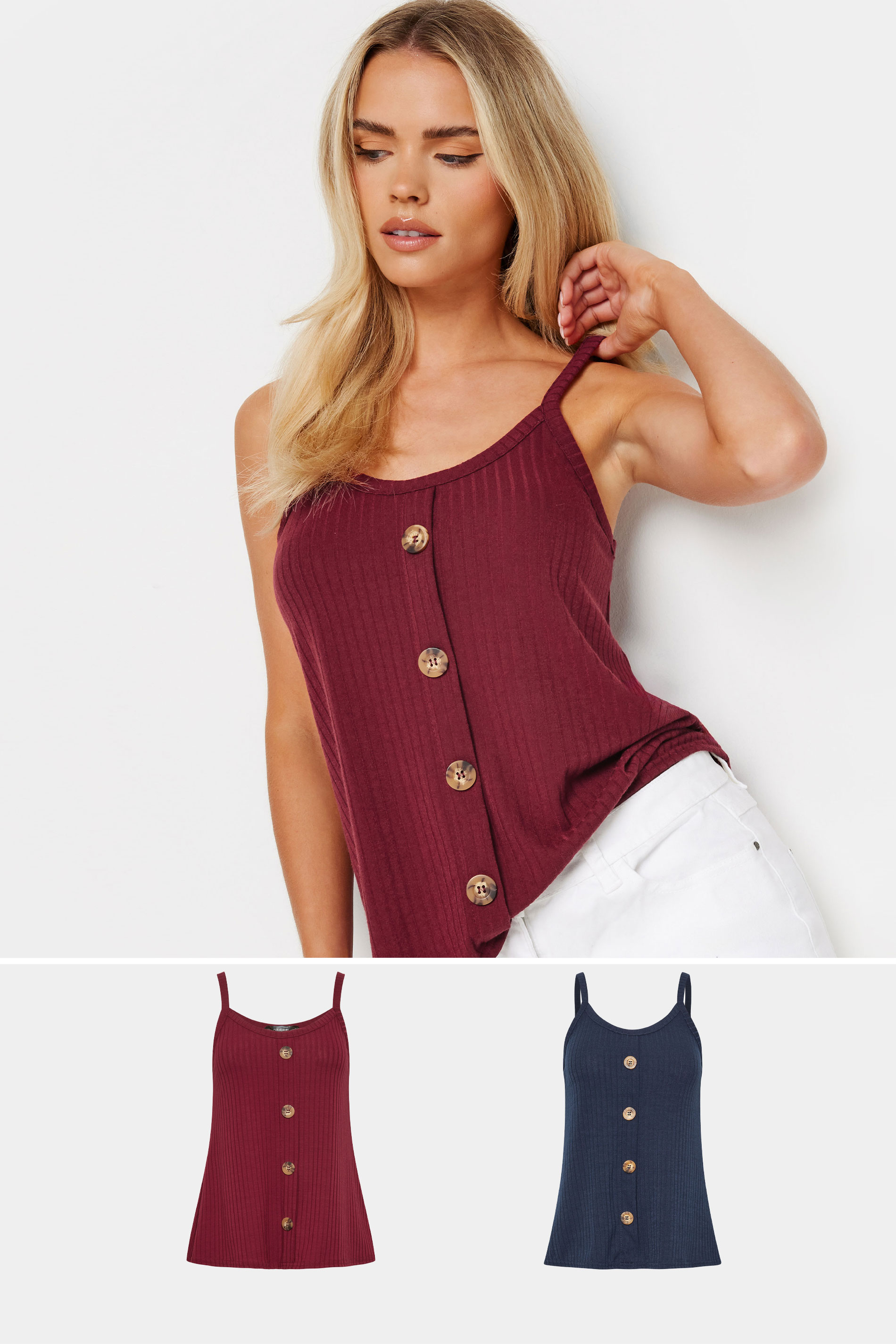 PixieGirl 2 PACK Petite Womens Navy Blue & Burgundy Red Button Down Cami Tops | PixieGirl 1