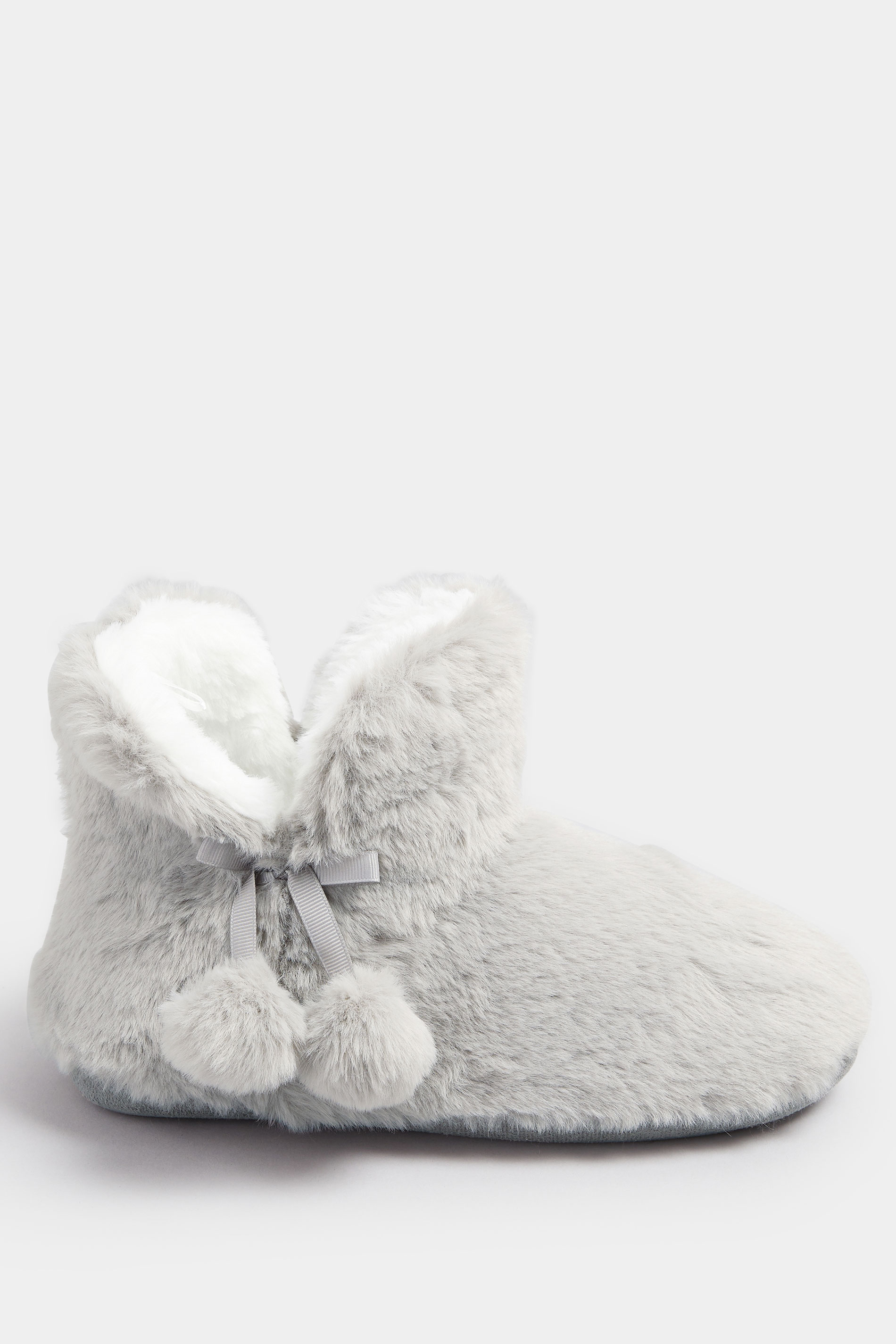 Grey Pom Pom Faux Fur Boot Slippers | Yours Clothing 3