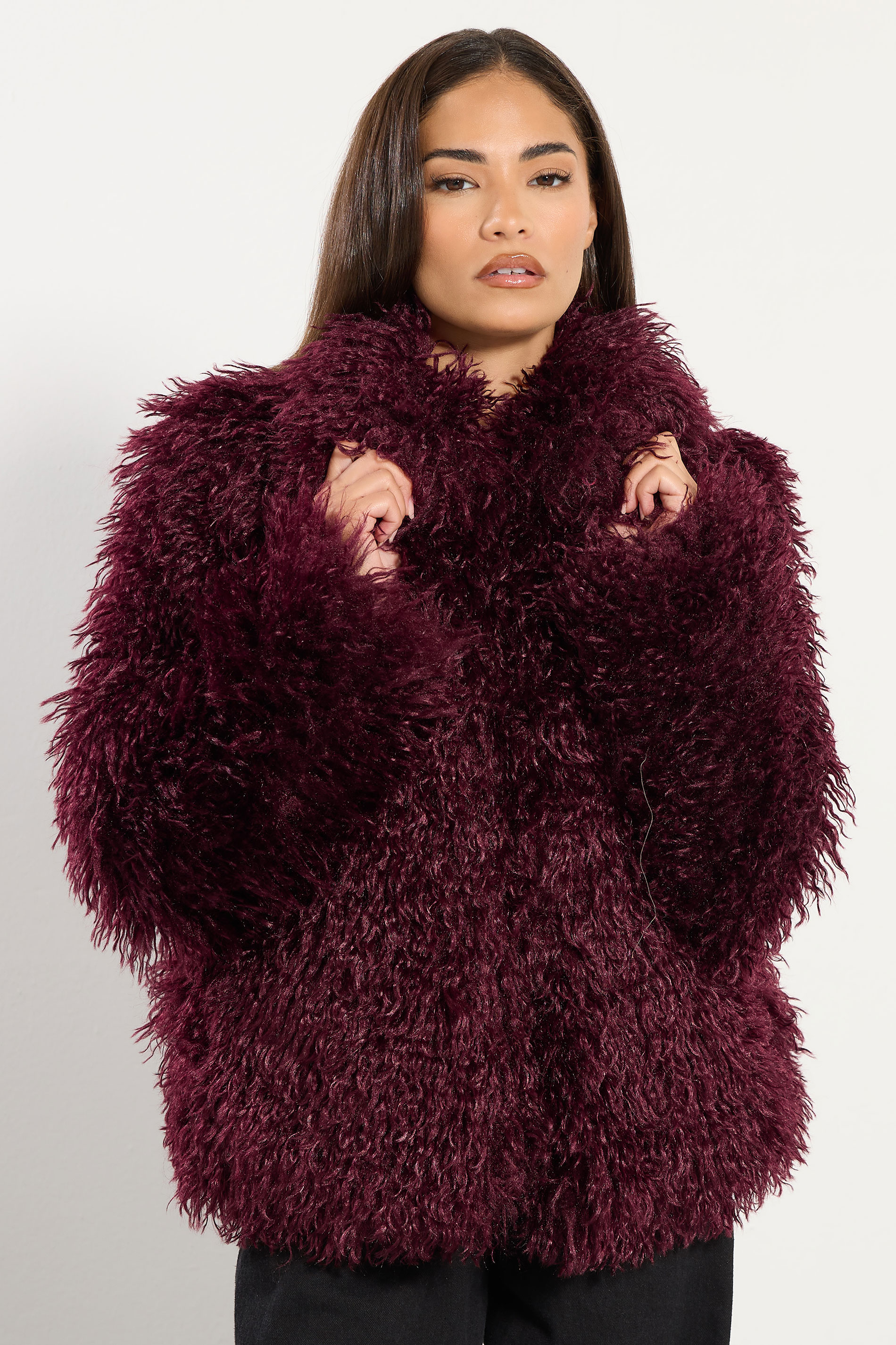 PixieGirl Petite Women's Burgundy Red Mongolian Faux Fur Jacket | PixieGirl 2