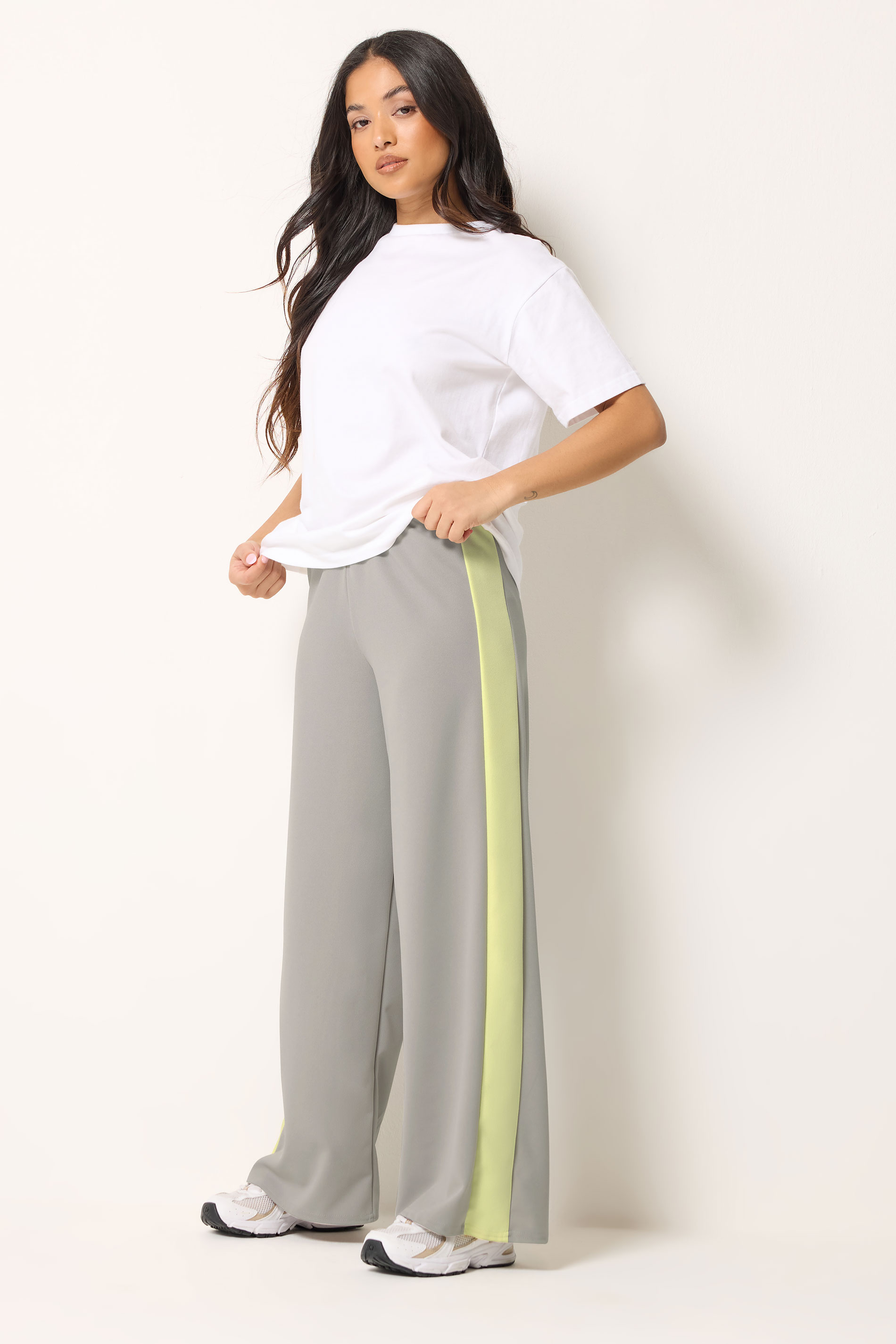 PixieGirl Petite Women's Grey Side Stripe Scuba Wide Leg Trousers | PixieGirl 3
