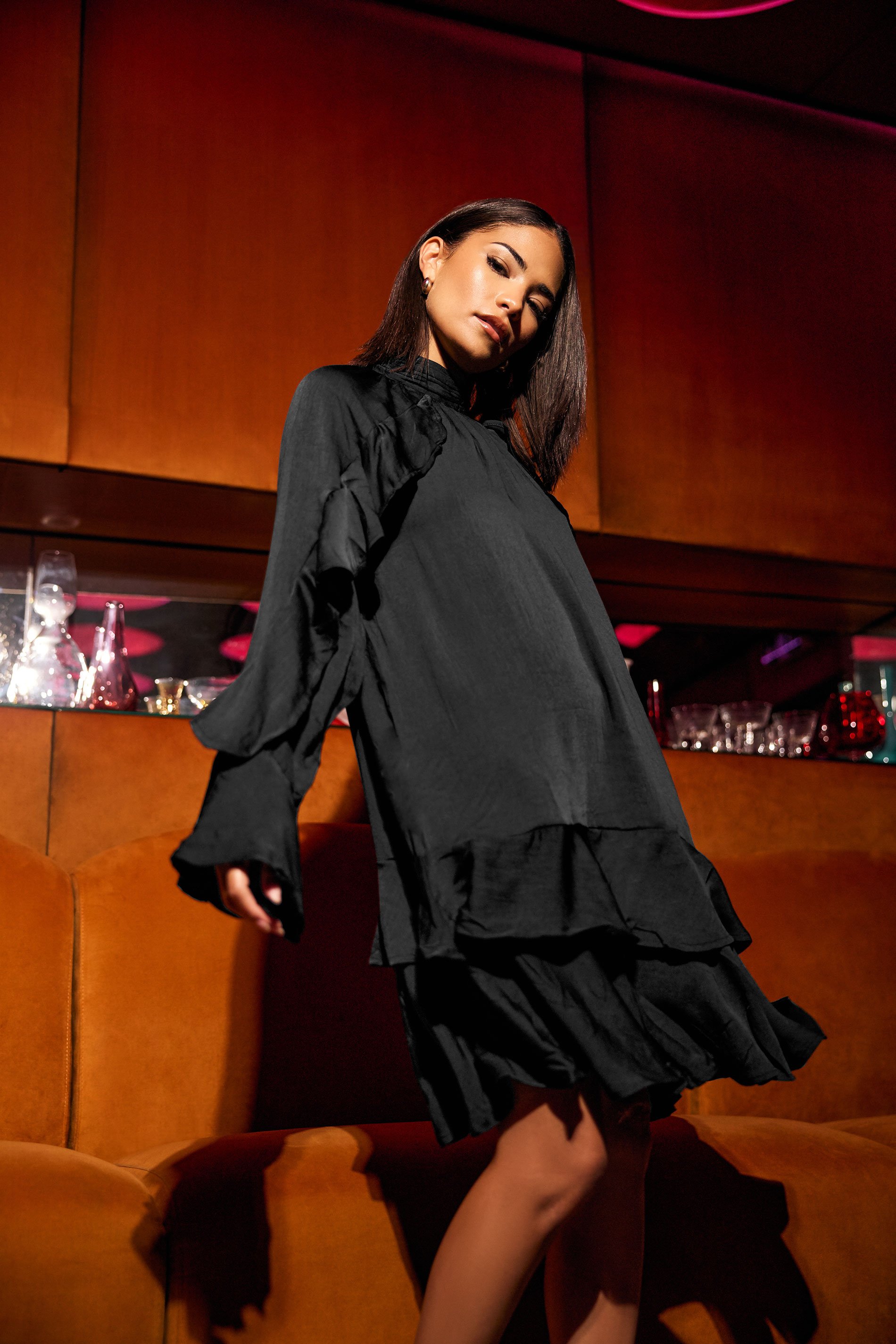 PixieGirl Petite Women's Black Hammered Satin Frill Smock Dress | PixieGirl 1