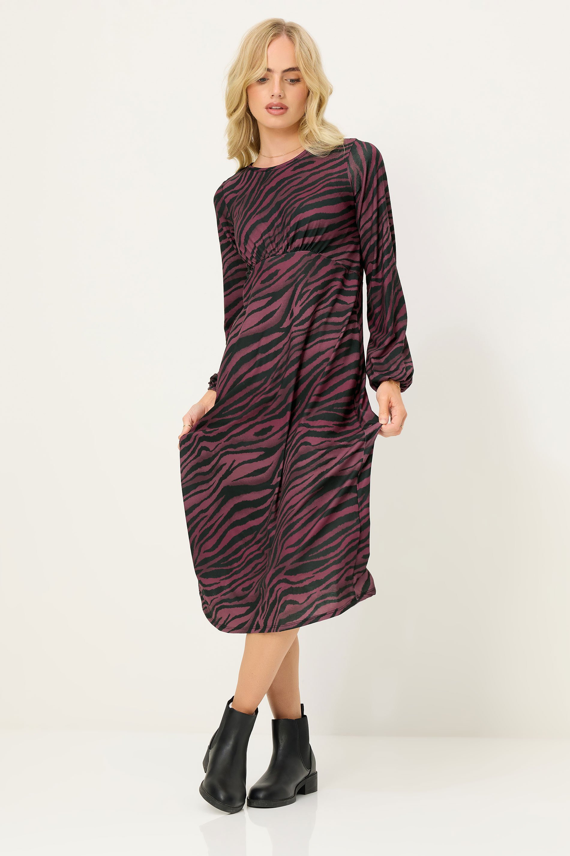 PixieGirl Petite Women's Burgundy Red Zebra Print Long Sleeve Midi Dress | PixieGirl 1