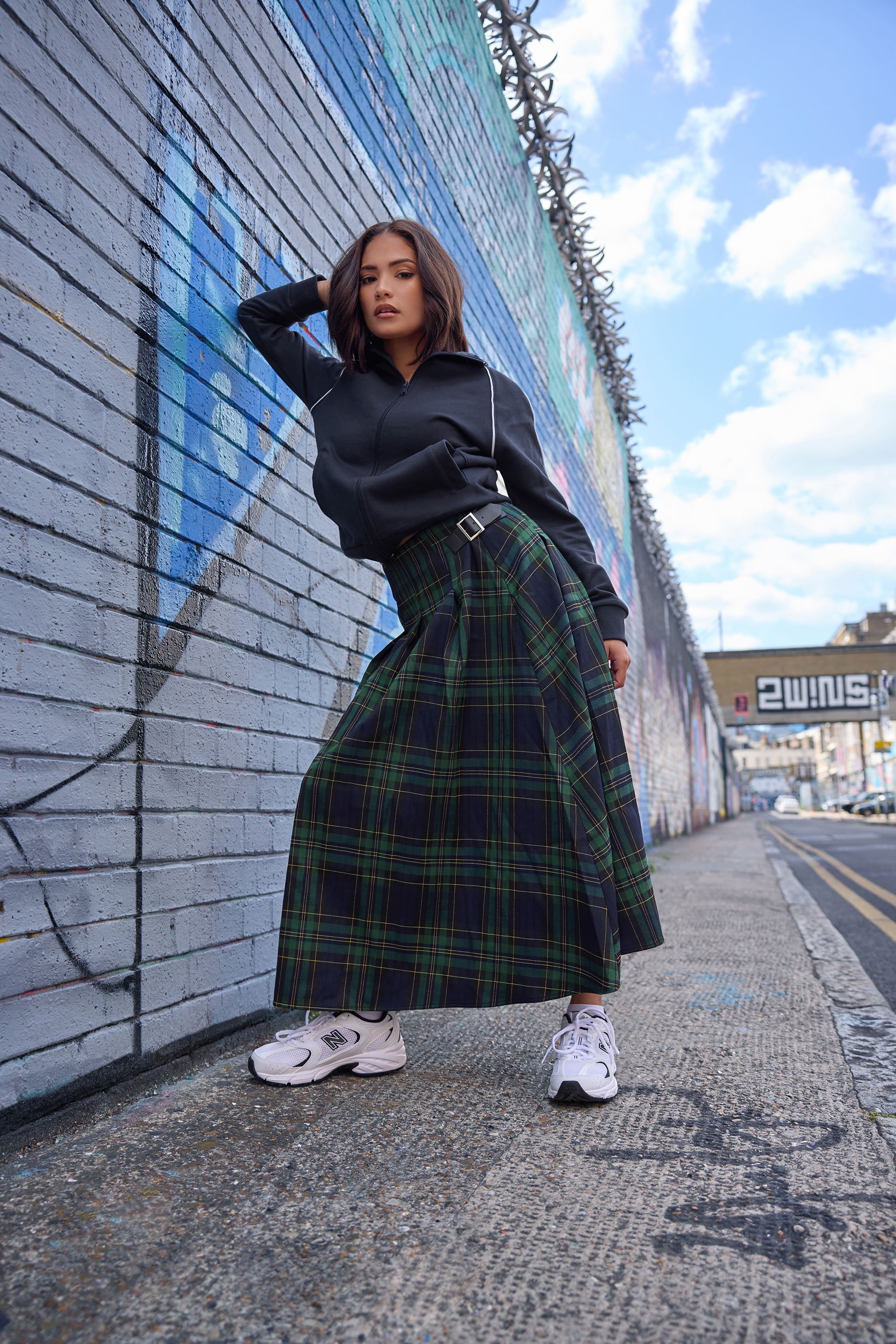 PixieGirl Petite Women's Blue & Green Check Buckle Midi Skirt | PixieGirl 1