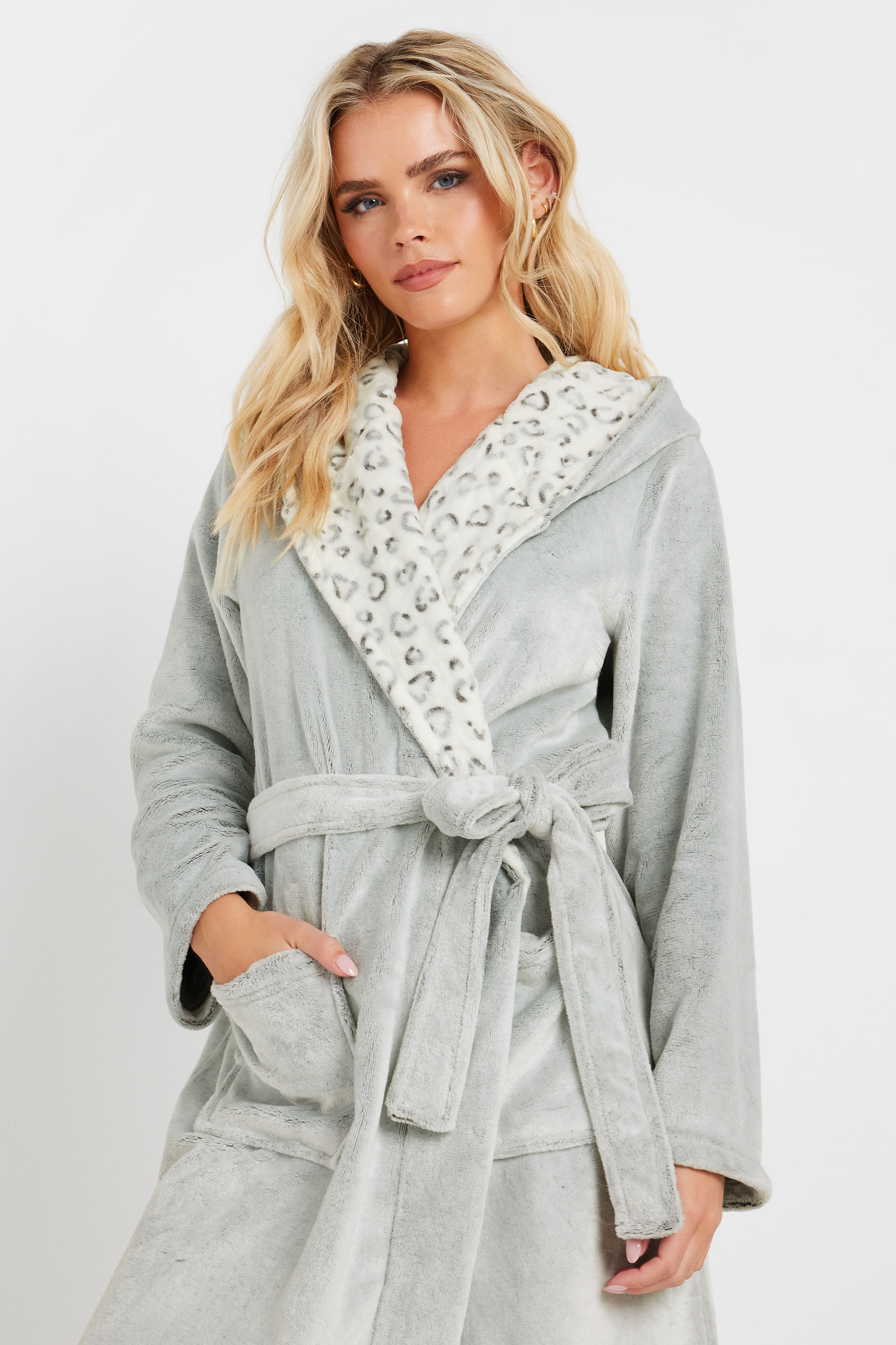 PixieGirl Petite Women's Grey Animal Print Hooded Dressing Gown | PixieGirl 6