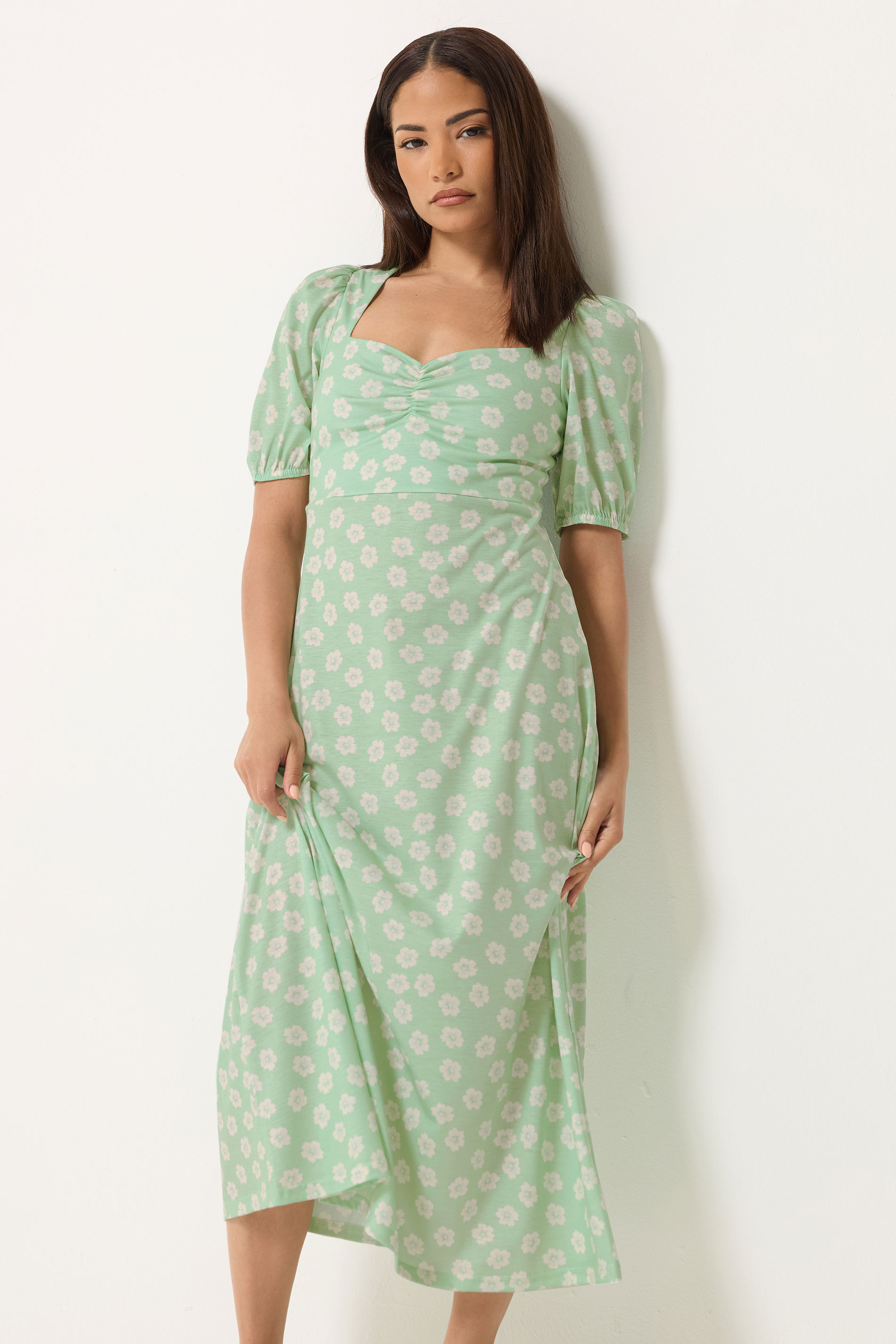 PixieGirl Petite Women's Sage Green Floral Ruched Midi Dress | PixieGirl 1