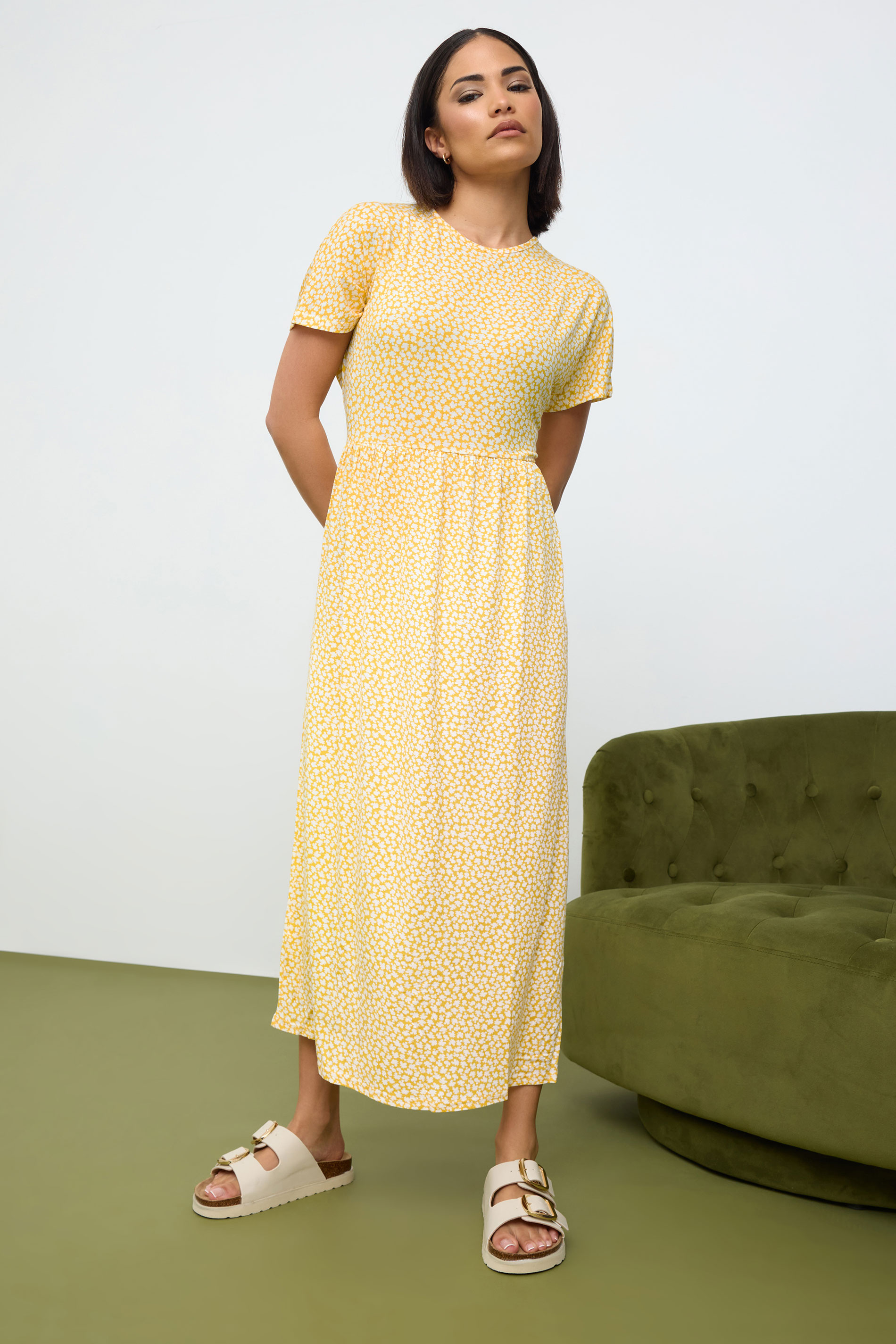 PixieGirl Petite Women's Yellow Ditsy Floral Print Midi Smock Dress | PixieGirl 2