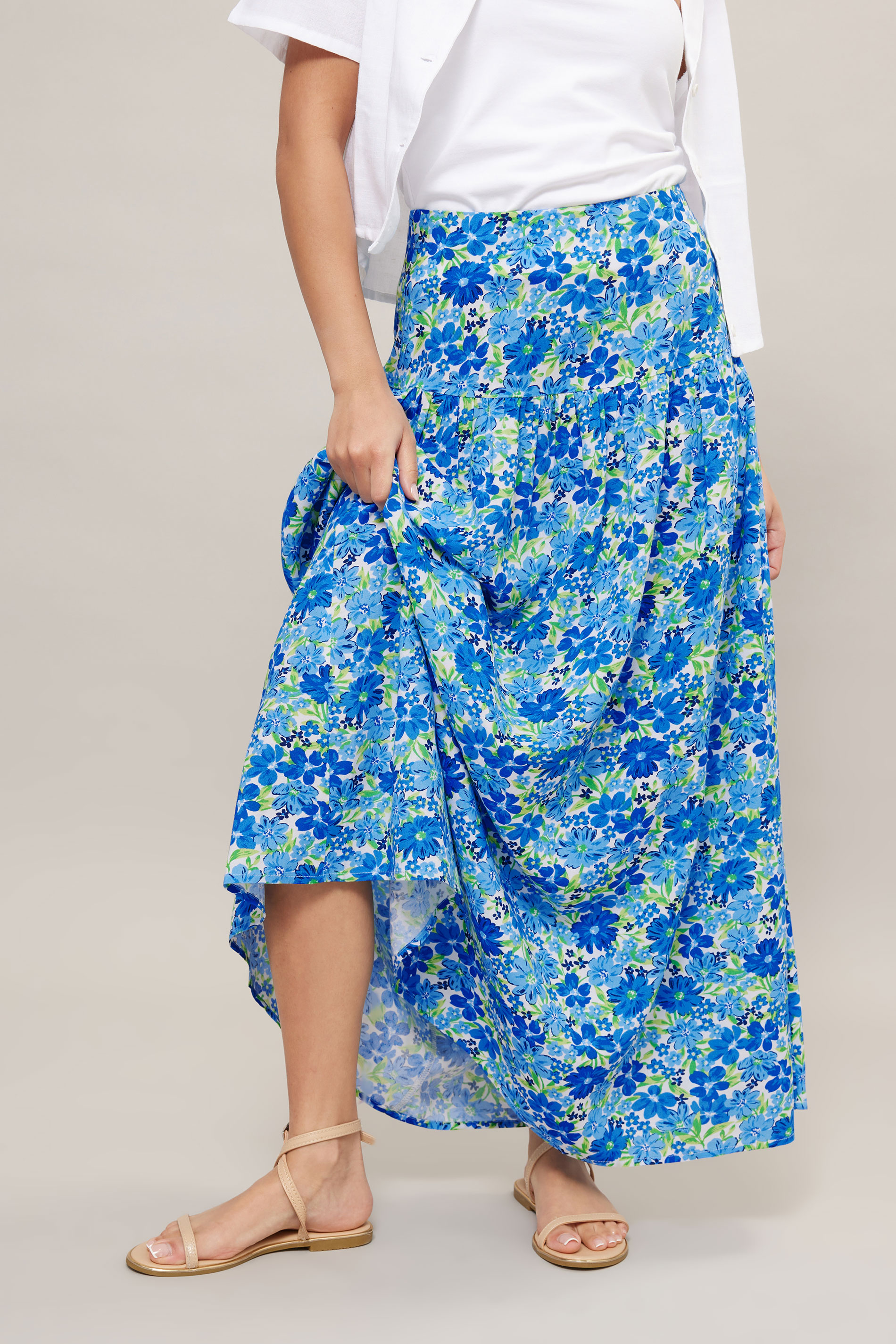 PixieGirl Petite Women's Blue Floral Print Low Yoke Maxi Skirt | PixieGirl 2