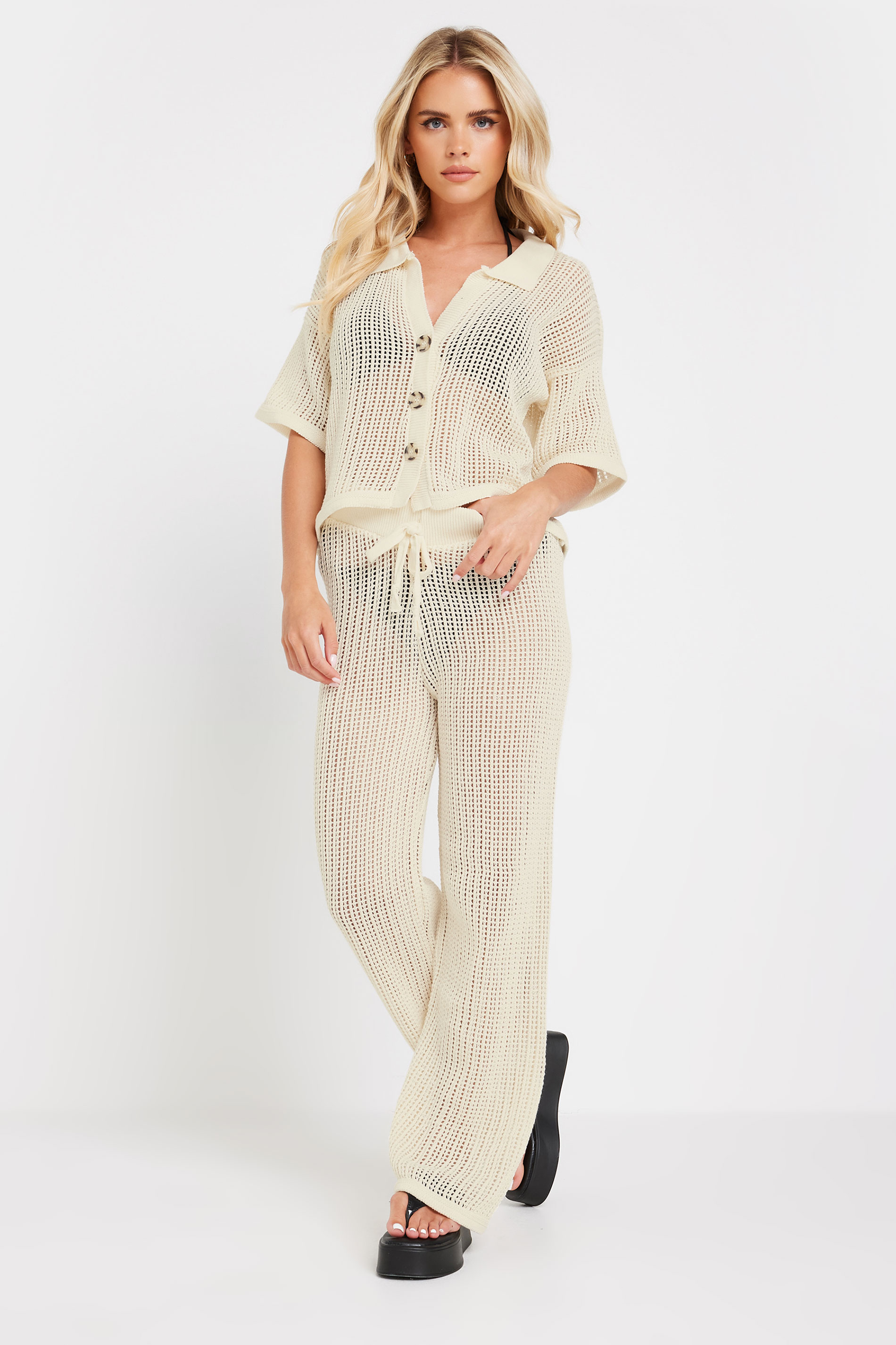 PixieGirl Petite Women's Cream Crochet Short Sleeve Shirt | PixieGirl 2