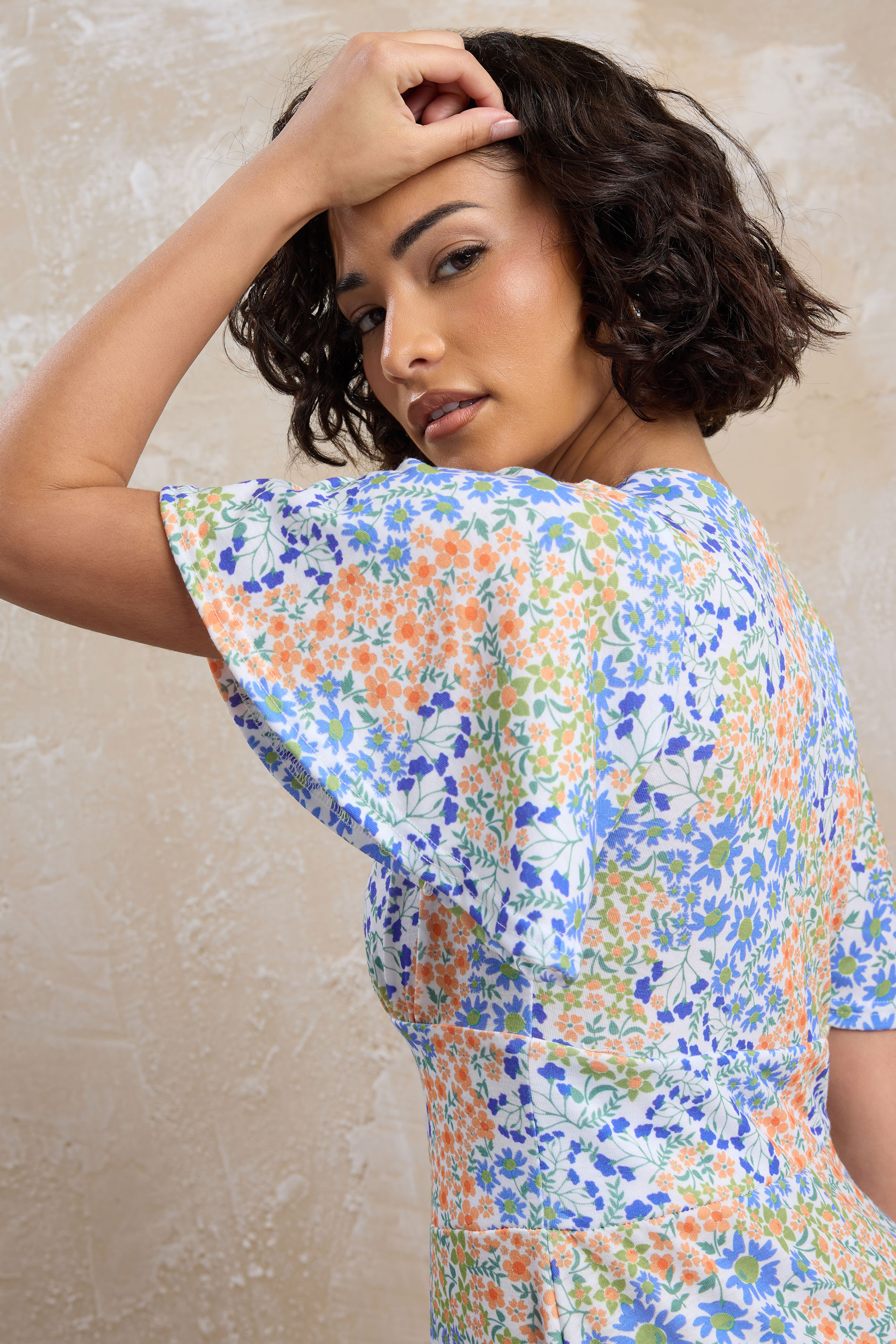 PixieGirl Petite Women's Blue Floral Flutter Sleeve Midi Dress | PixieGirl 4