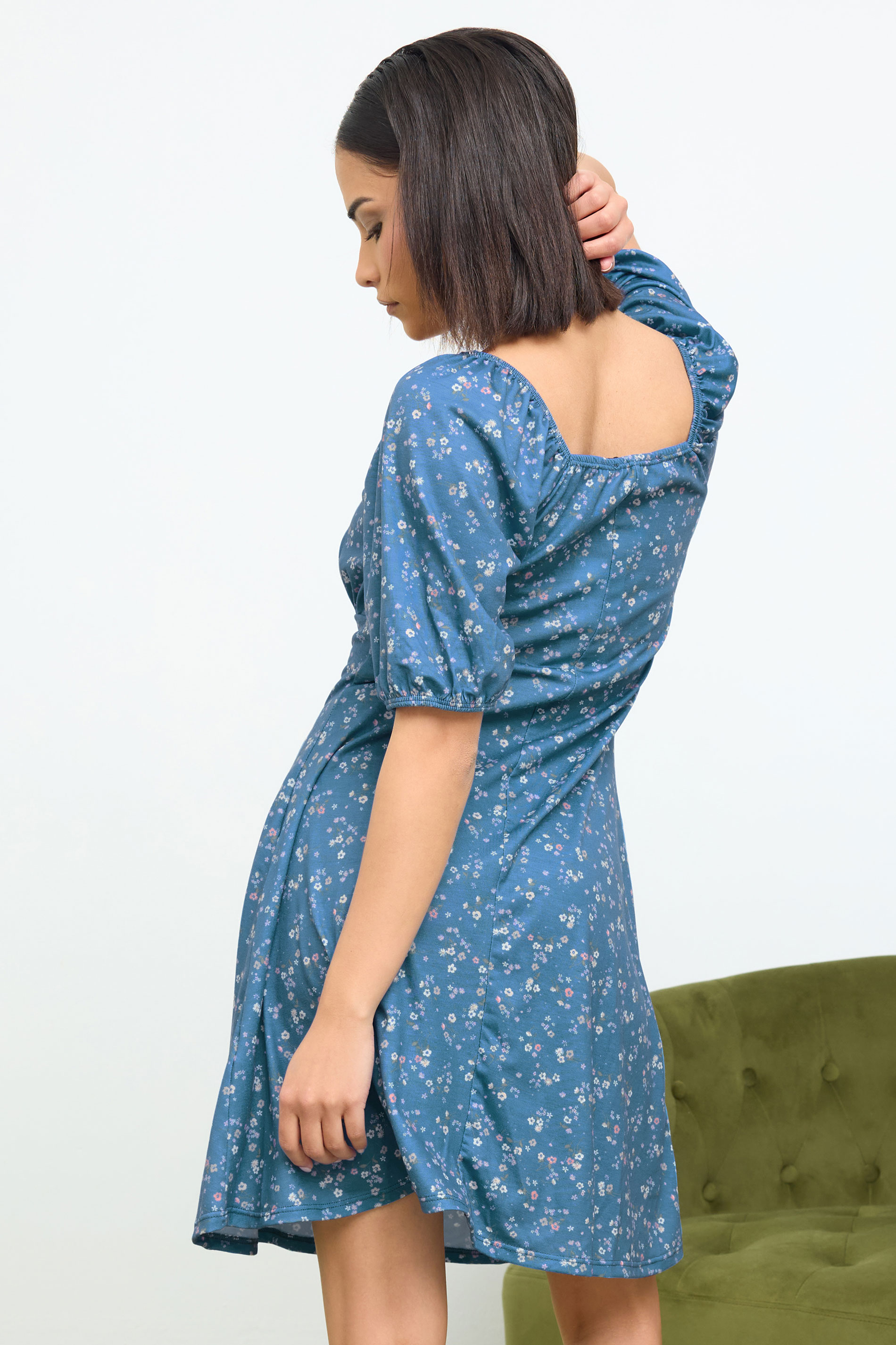 PixieGirl Petite Women's Blue Ditsy Floral Print Mini Dress | PixieGirl 3