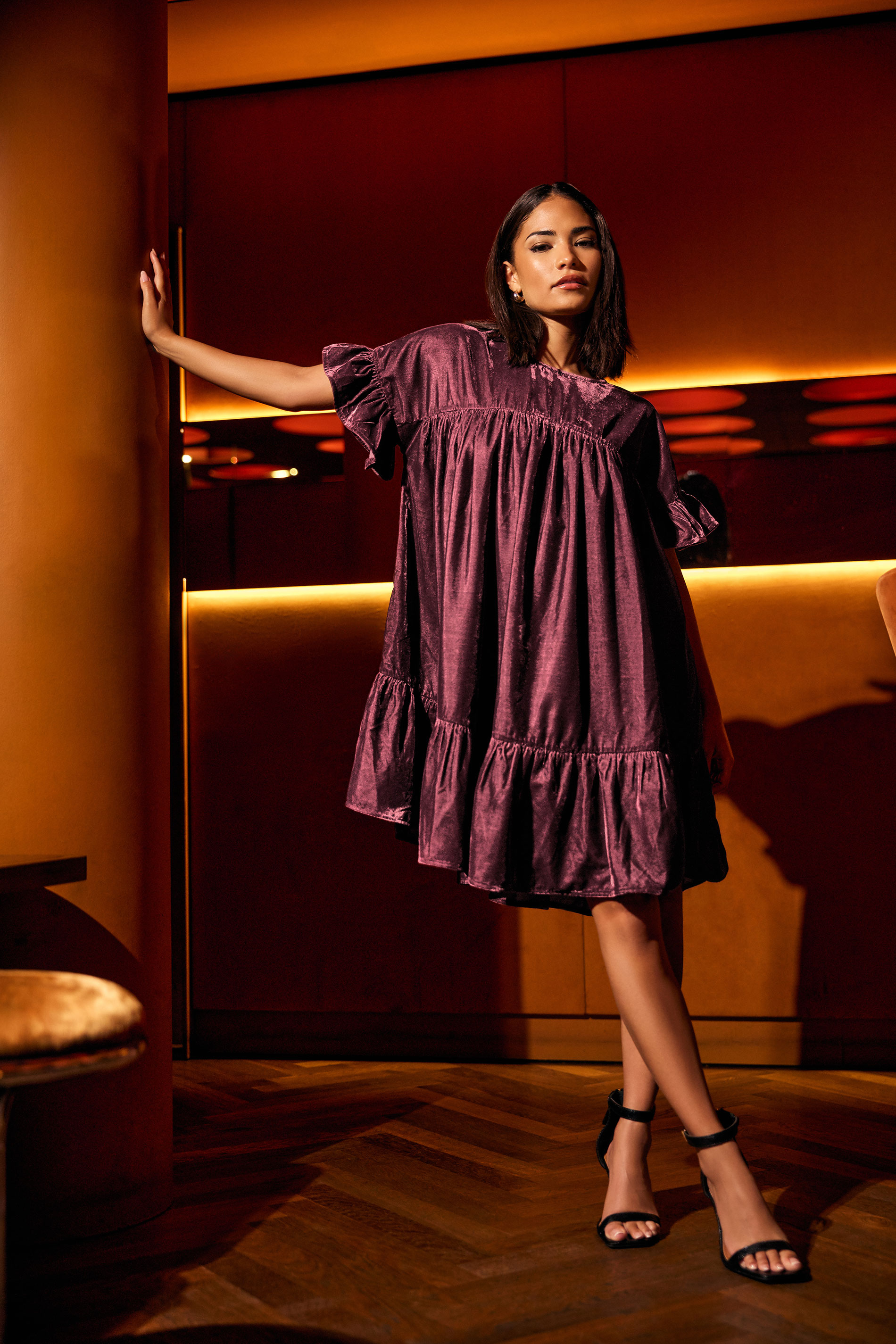 PixieGirl Petite Women's Burgundy Red Velvet Frill Smock Mini Dress | PixieGirl 1