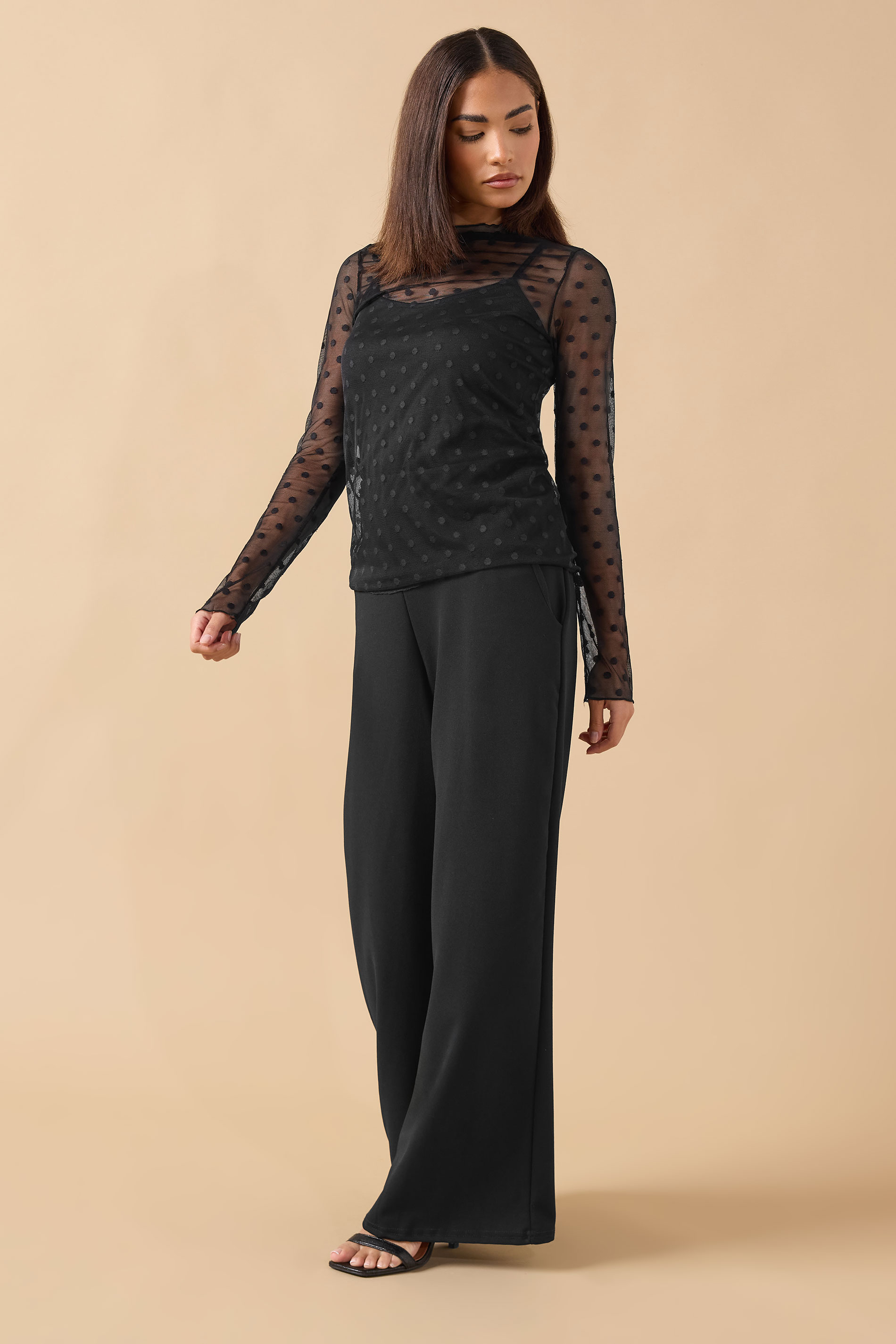 PixieGirl Petite Women's Black Spot Mesh Long Sleeve Top | PixieGirl 2