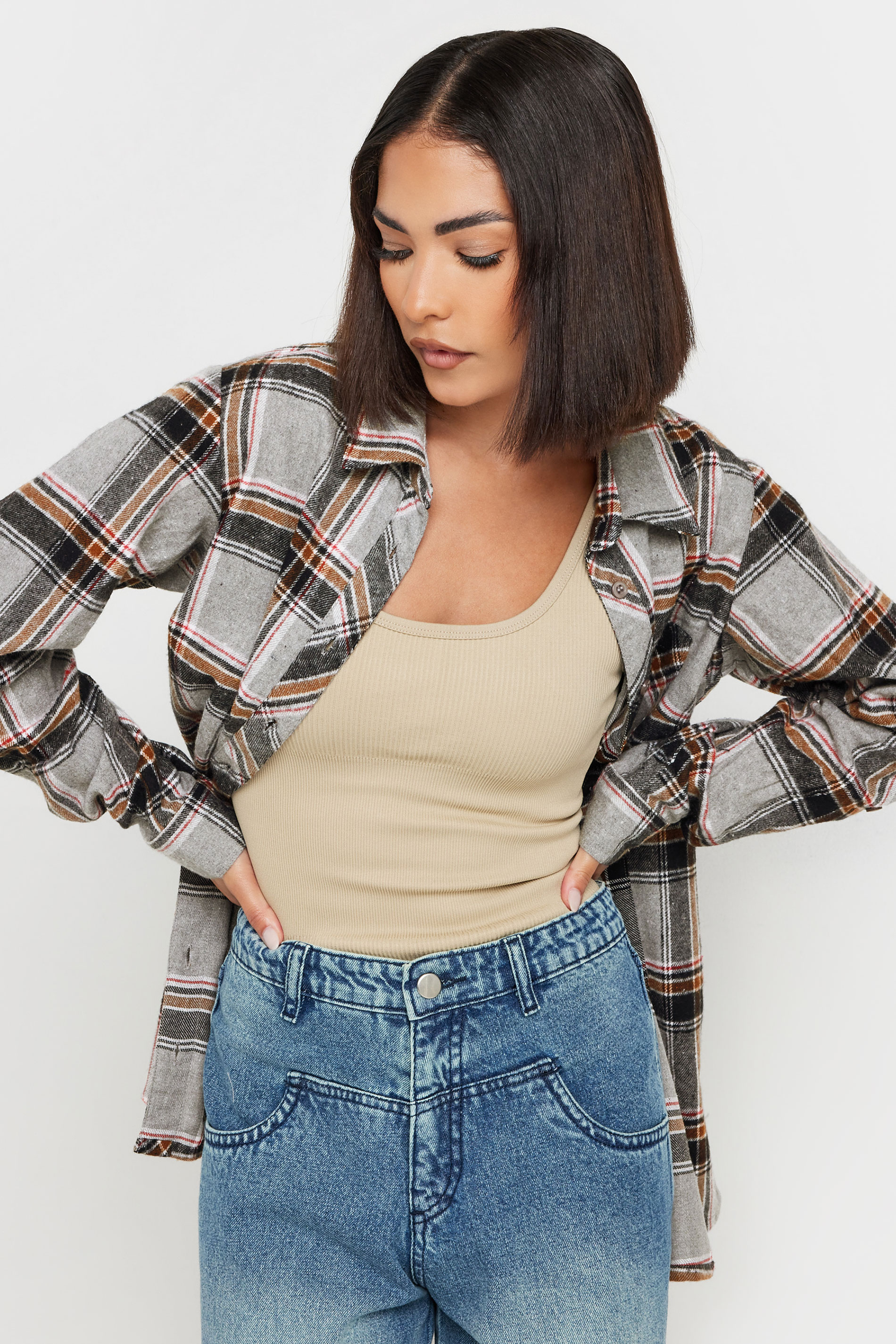 PixieGirl Grey & Orange Check Print Brushed Boyfriend Shirt | PixieGirl 2