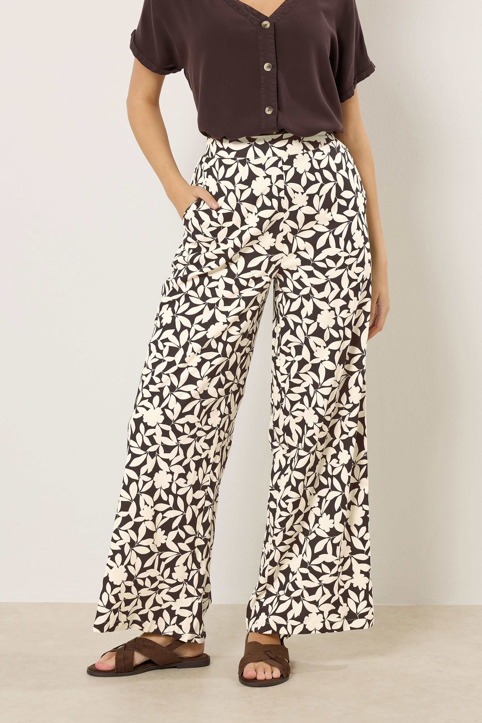 M&Co Brown Floral Wide Leg Trousers | M&Co 3