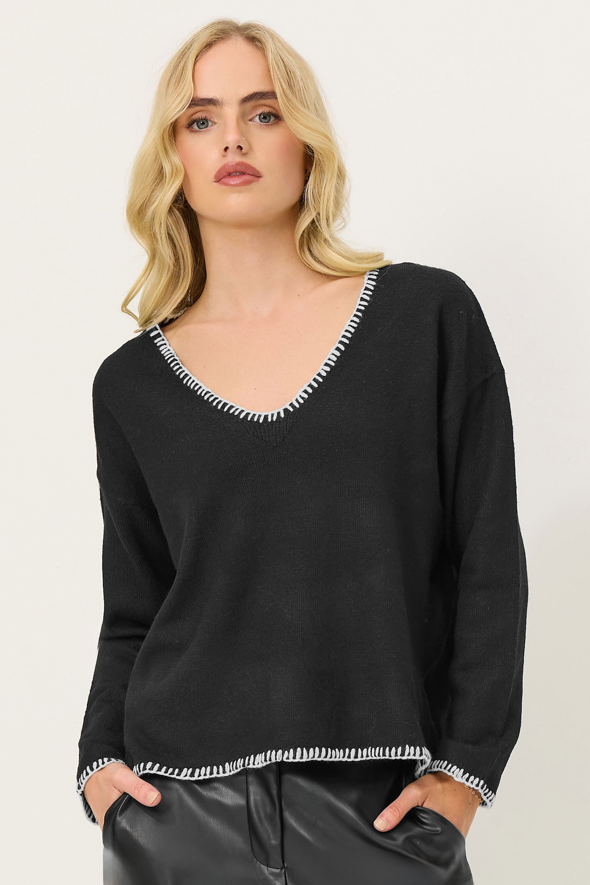 PixieGirl Petite Women's Black Knitted Contrast Stitch Jumper | PixieGirl 1