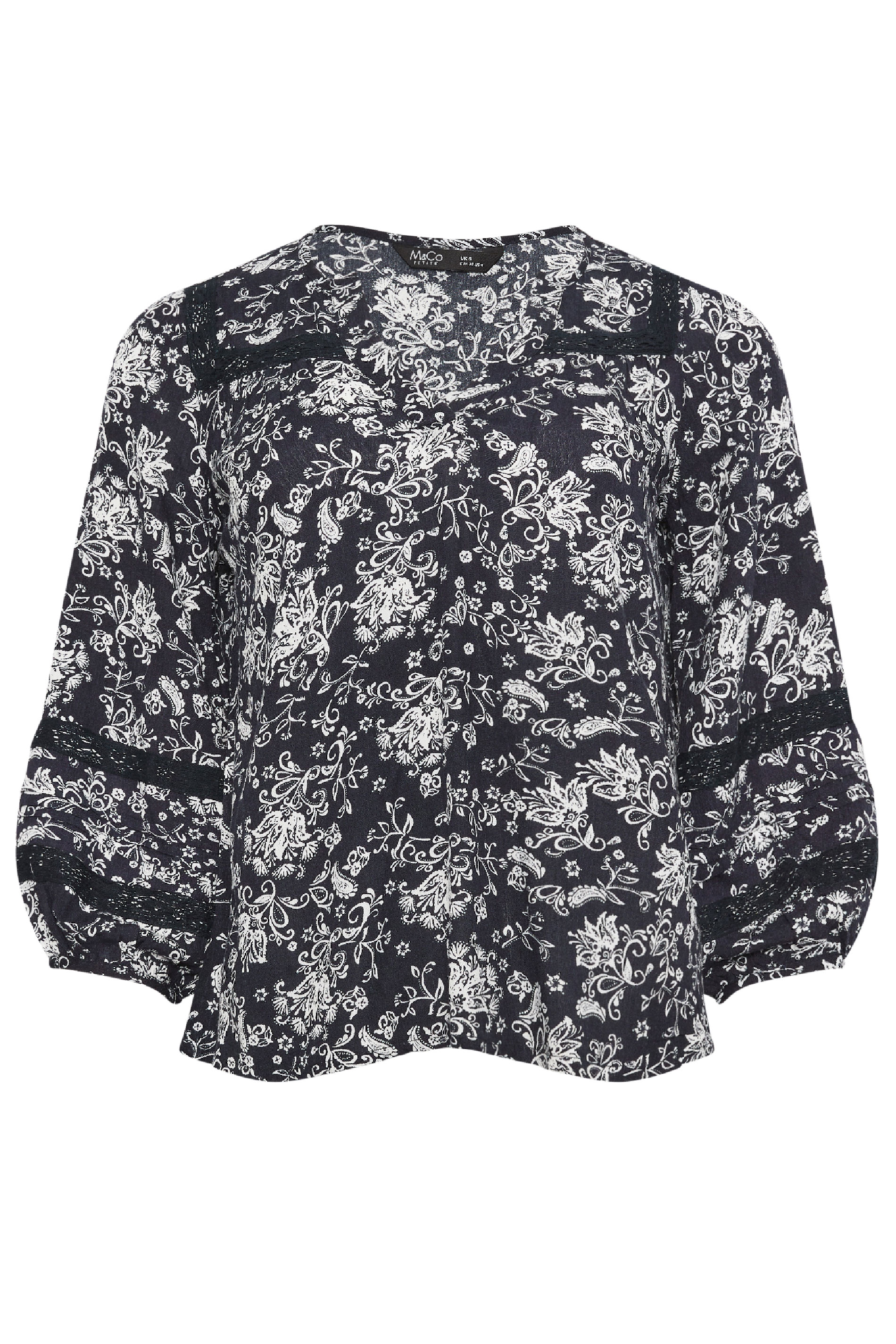 M&Co Petite Black Damask Print Lace Insert Top | M&Co 5
