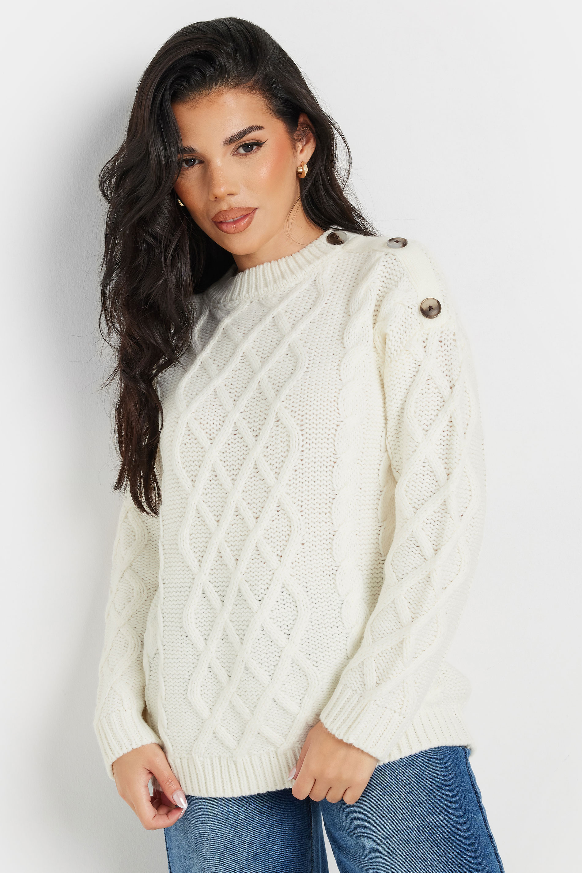 PixieGirl Petite Women's Ivory White Cable Knit Button Jumper | PixieGirl 1